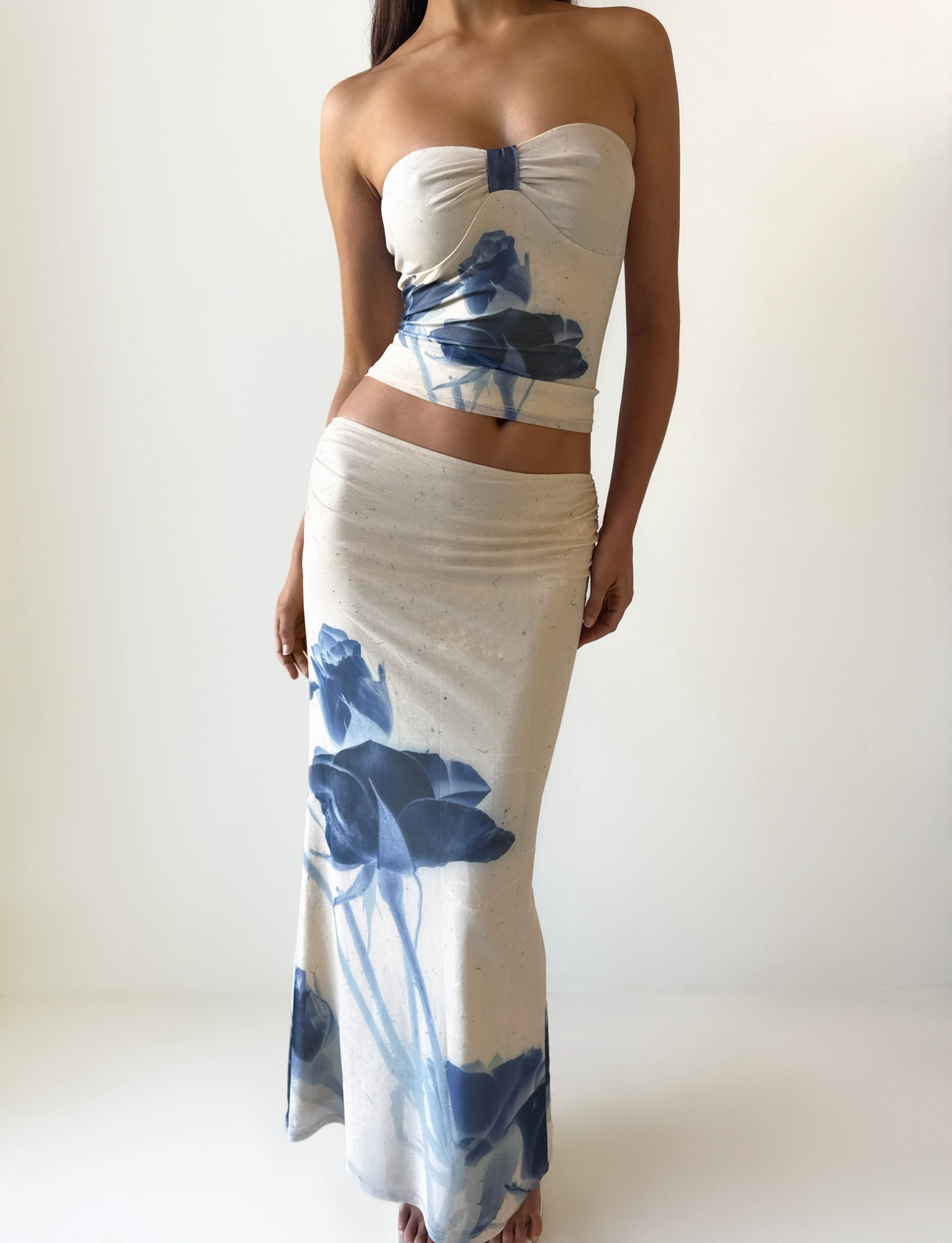 Quilted Texture JANIS MAXI SKIRT - INDIGO FLORAL
