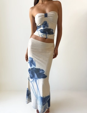 Quilted Texture JANIS MAXI SKIRT - INDIGO FLORAL