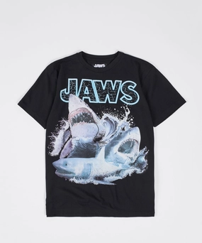 Jaws Front Print Short Sleeve Tee - Black SelfFabric Binding