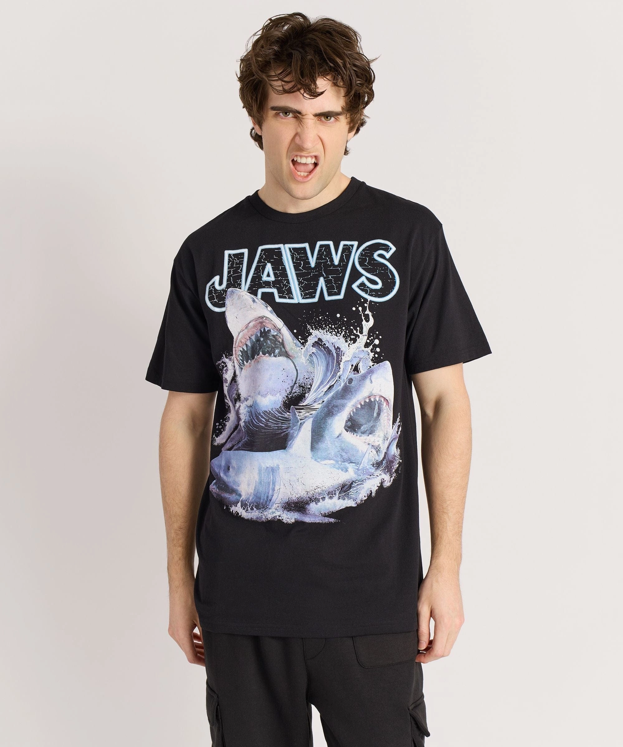 Jaws Front Print Short Sleeve Tee - Black Seamless Knit Design Ventilated Back Panel
