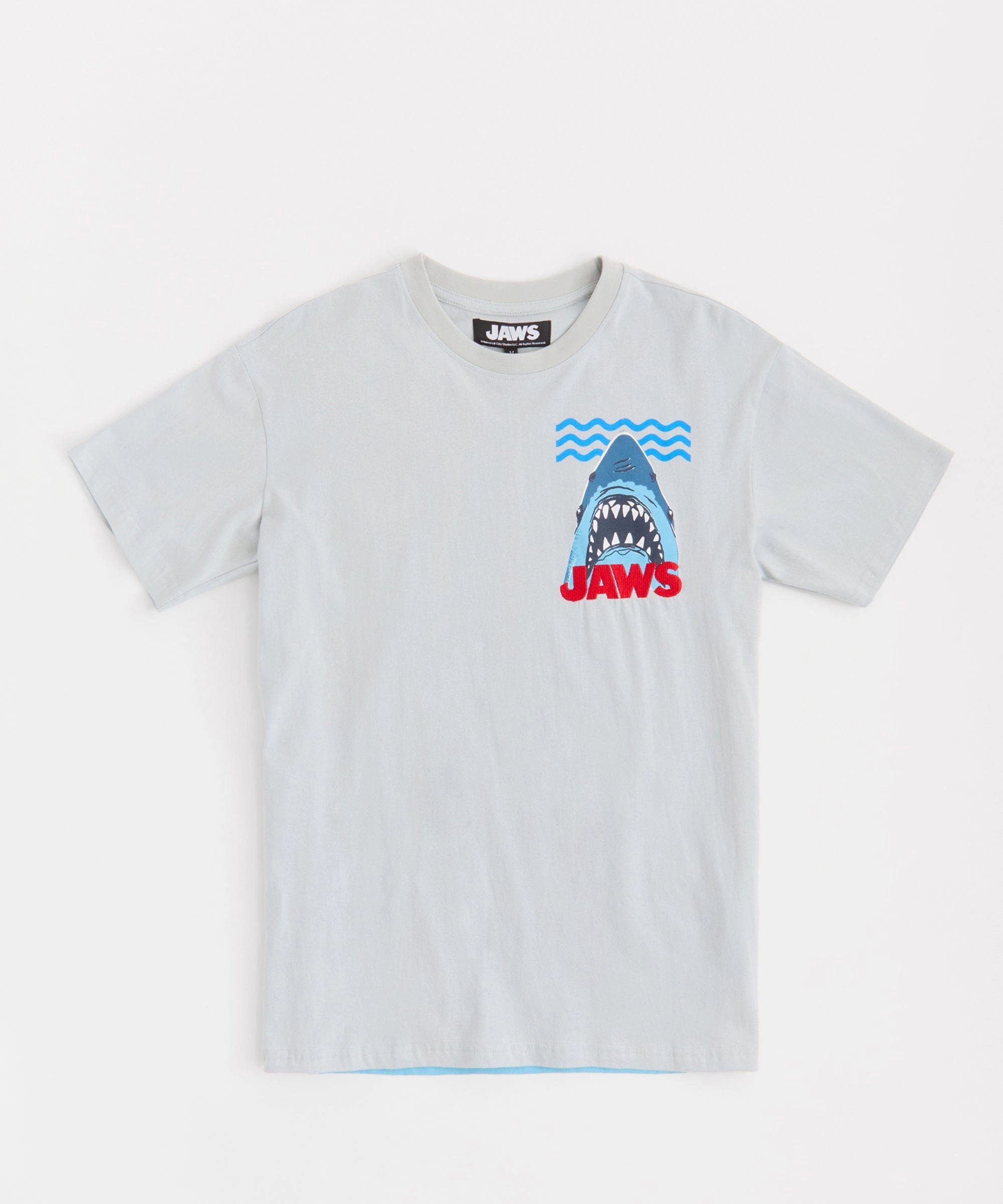 Weighted Hem Design Jaws Waves Short Sleeve Tee - Light Blue