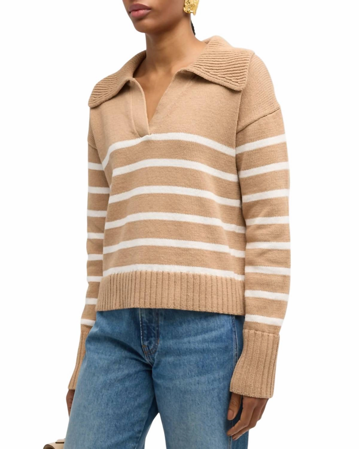 Jovie Striped Polo Pullover Sweater In Khaki casual knitwear Fray Resistant Edges