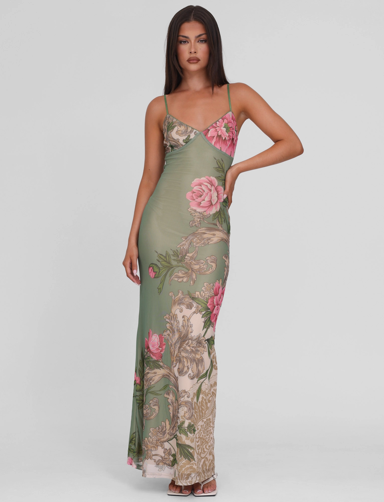 JULIANNA DRESS - GREEN : FLORAL : ROCCOCO FLORAL Lace-Edge Casual Fit