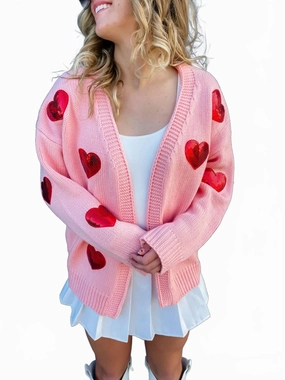 Snuggly Design Classic Knit Be Mine Sequin Heart Cardigans In Blush