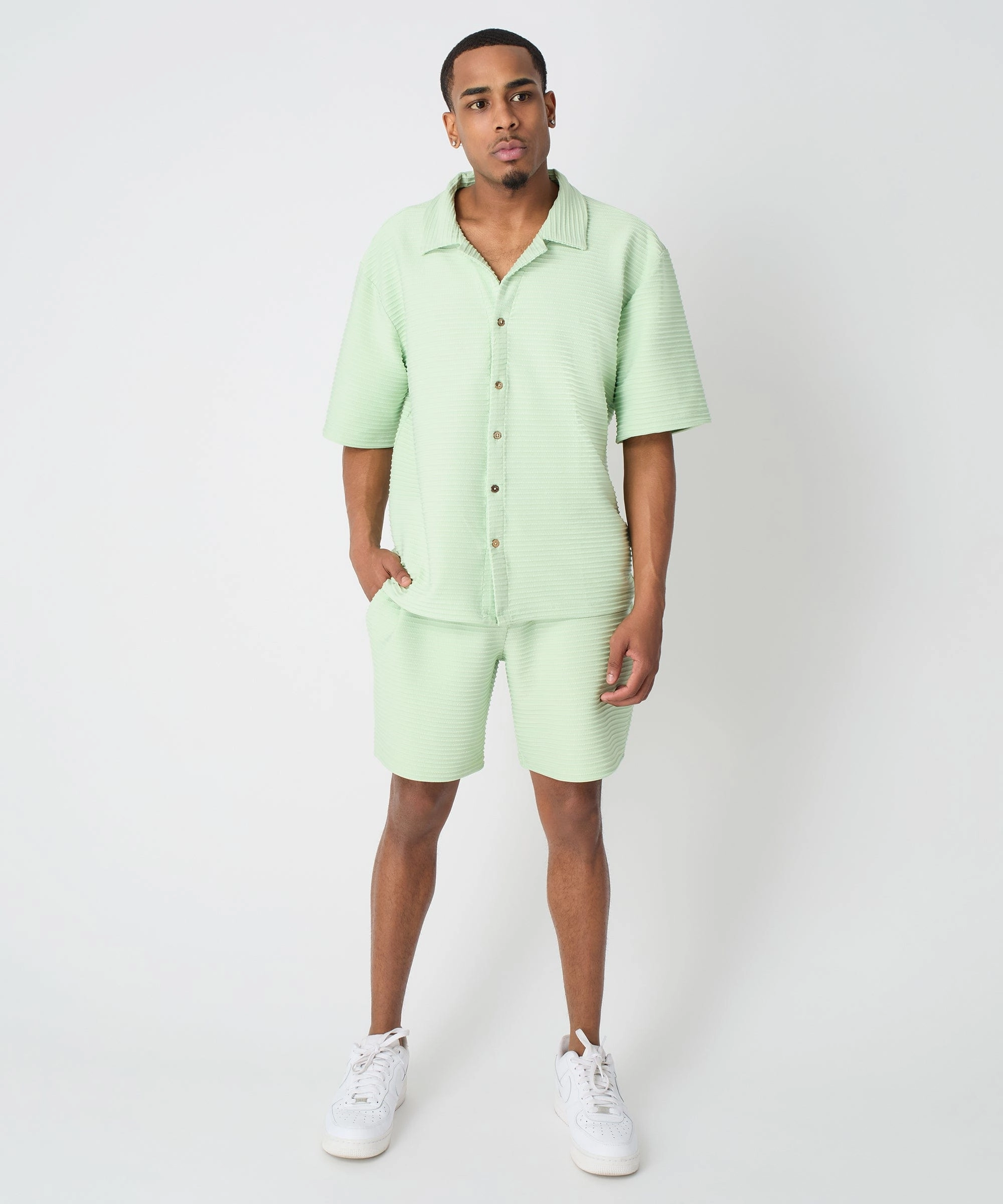 Biodegradable Fiber OEKOTEX Certified Fabric Knit Short Sleeve Button Down Shirt - Light Green