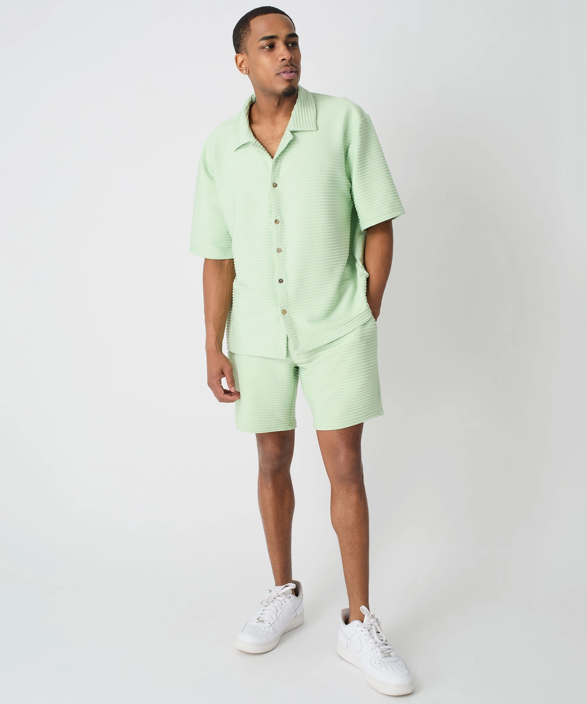 Layered Neckline Details Knit Short Sleeve Button Down Shirt - Light Green