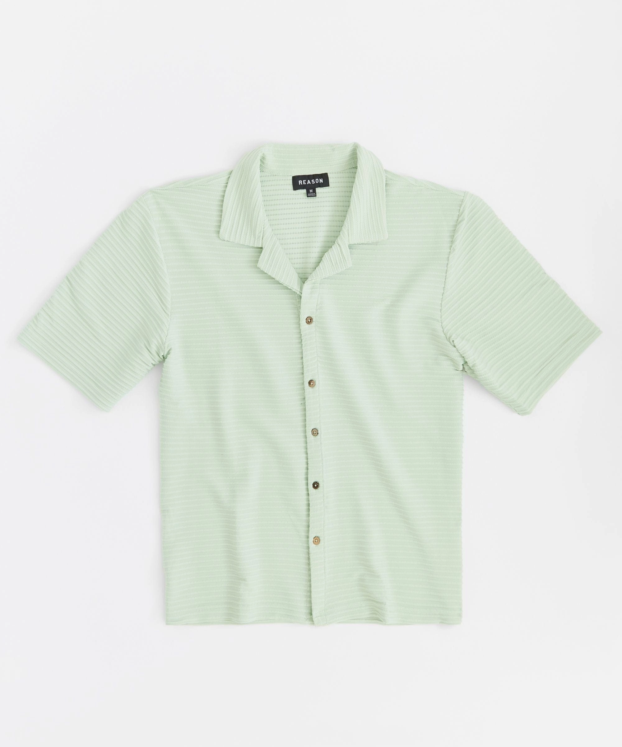 Knit Short Sleeve Button Down Shirt - Light Green Reinforced Shoulder