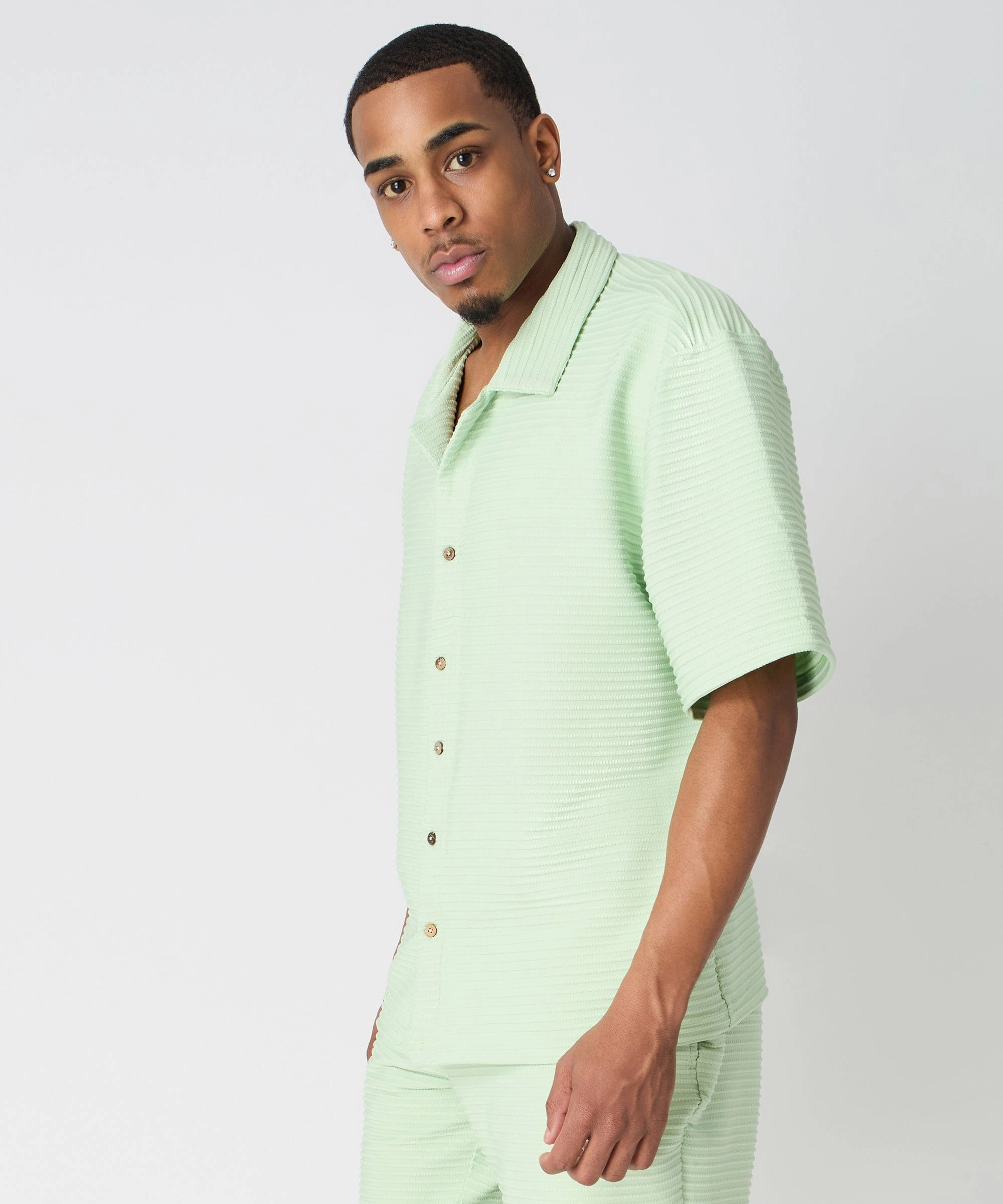 Knit Short Sleeve Button Down Shirt - Light Green Sun Protective Fabric EasyCare Fabric