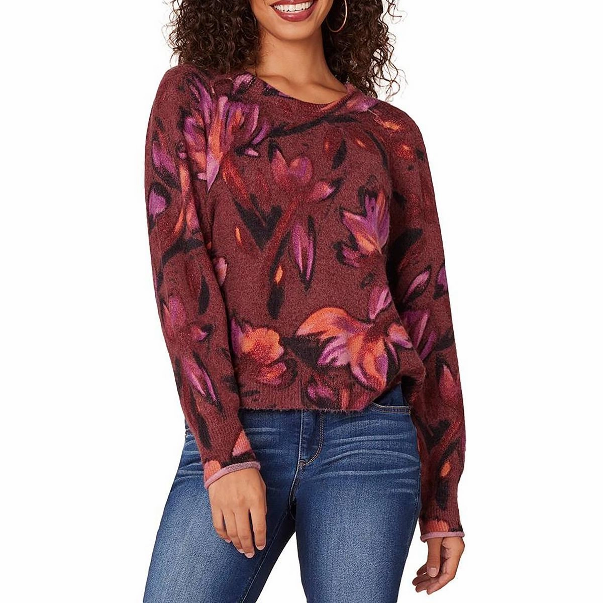 Warm Touch Anti Static Finish Petites Womens Printed Acrylic Pullover Sweater