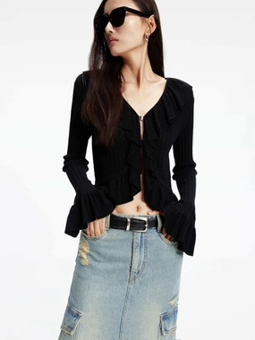 Eco friendly materials Knitted Ruffle Trim Cardigan