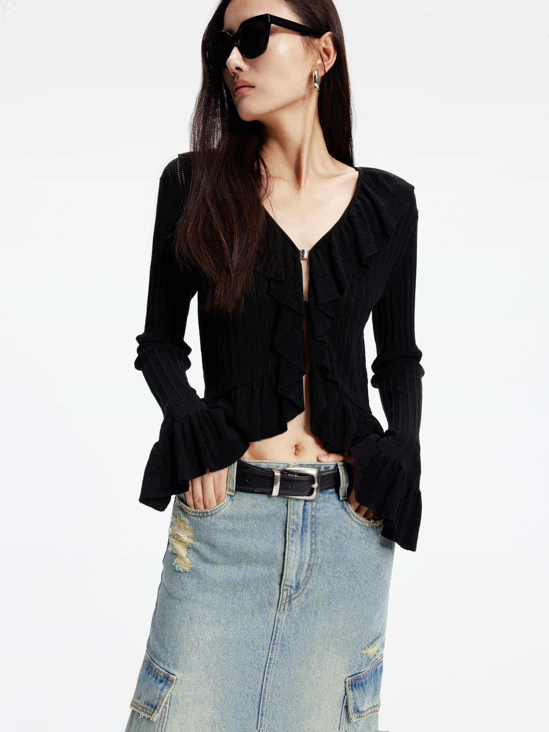 Knitted Ruffle Trim Cardigan Stylish Dress anti static coating