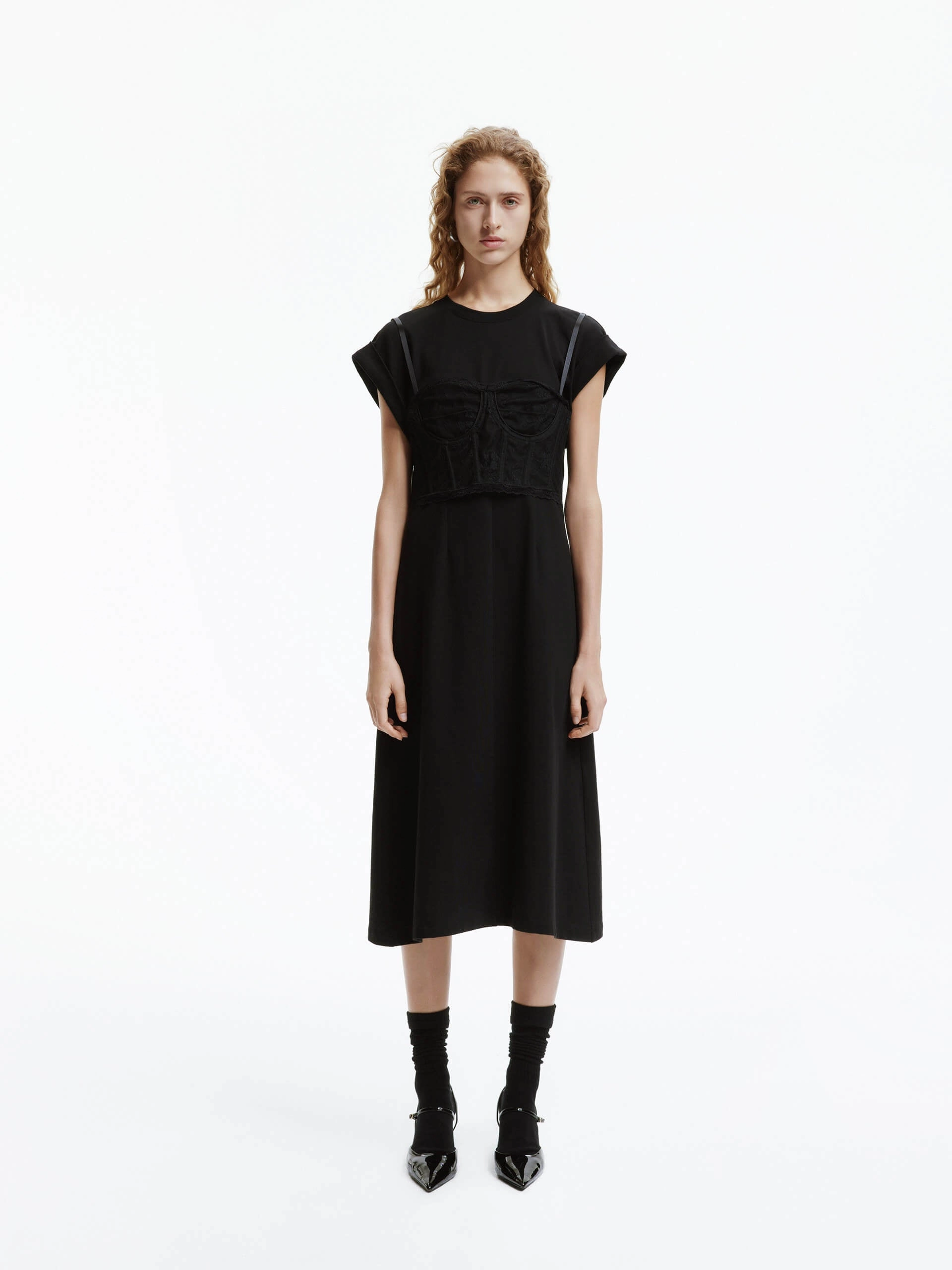 Lace Detail Midi Dress Flowy Texture Calm Finish