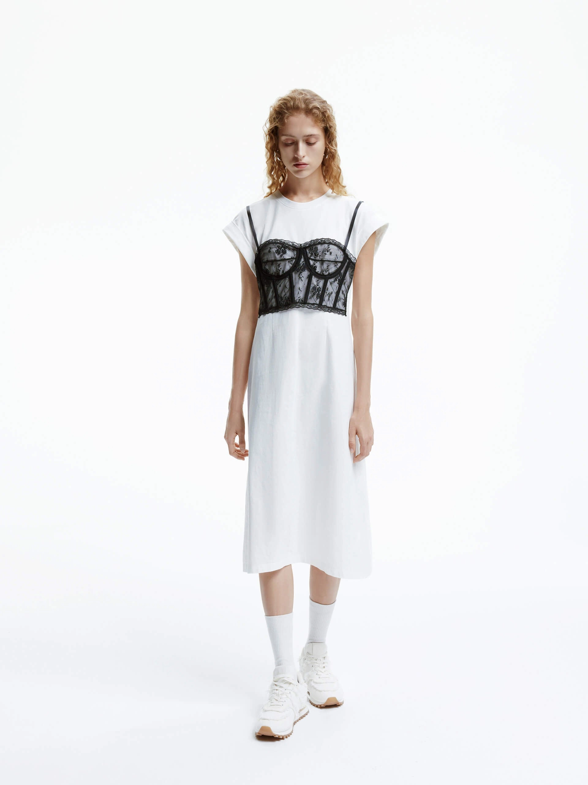 Minimal Fit Subtle Drape Lace Detail Midi Dress