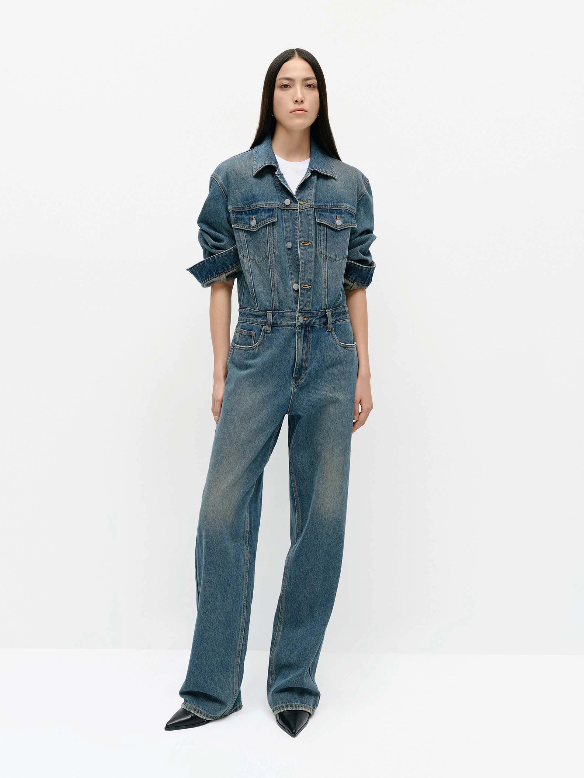Lapel Collar Denim Jumpsuit Twill Weave Texture