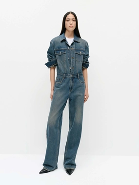 Lapel Collar Denim Jumpsuit Twill Weave Texture