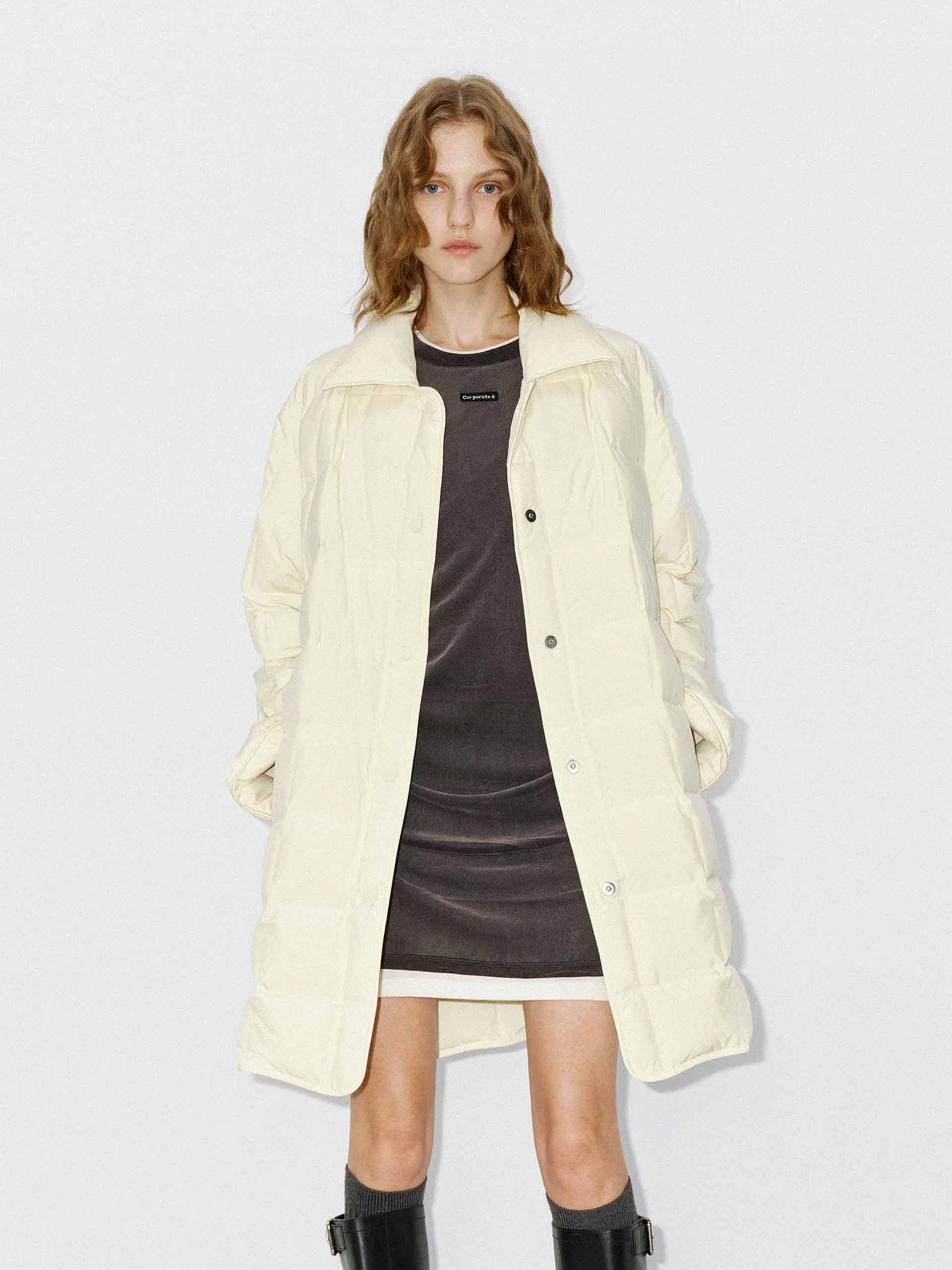 Relaxed Fit Silhouette Lapel Collar Midi Puffer Coat