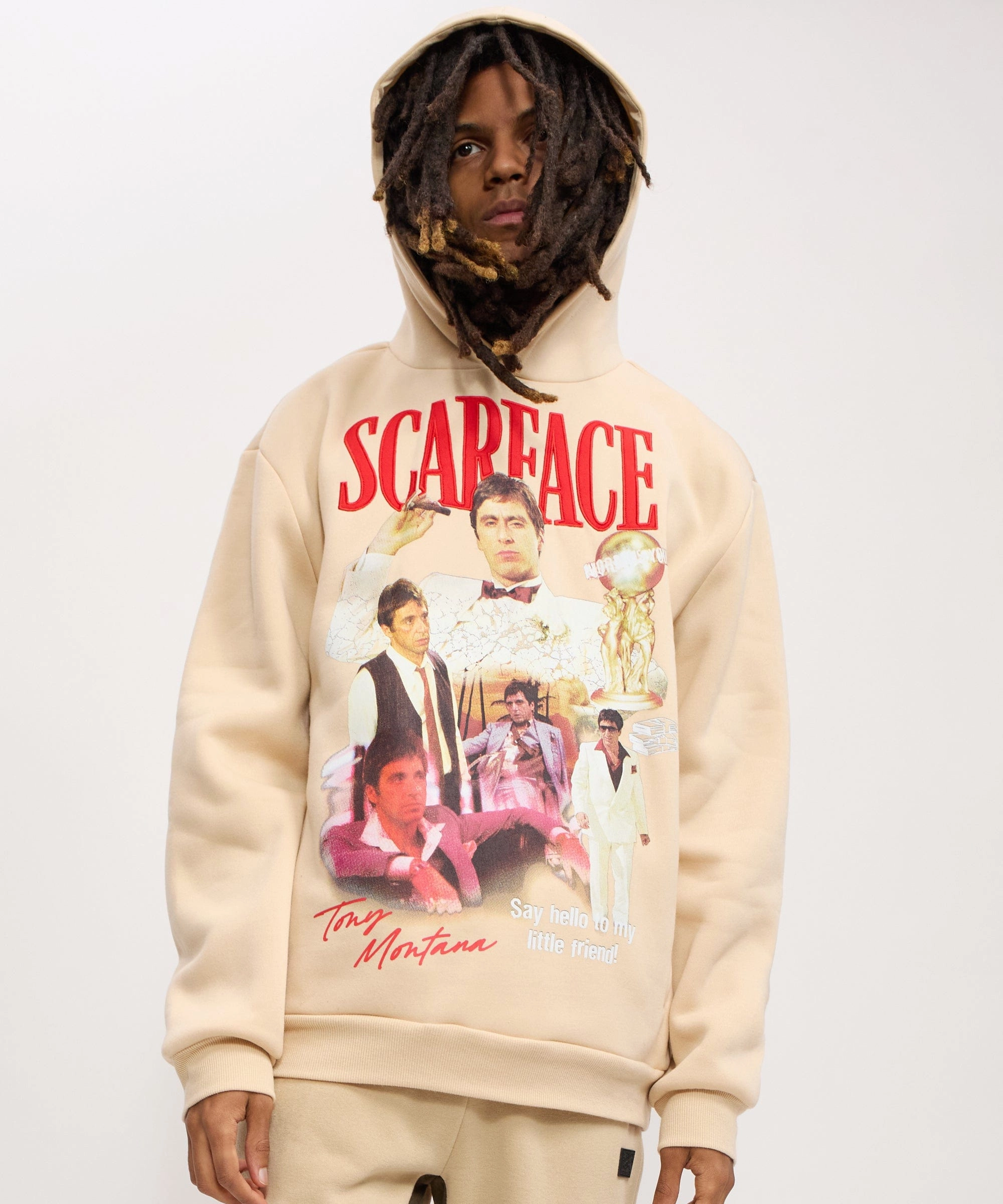 DoubleLayered Collar Scarface Say Hello Embroidered Patch Hoodie - Khaki