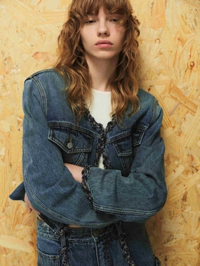 Layer Essential Piece Stormproof Zipper Cropped Collarless Denim Jacket