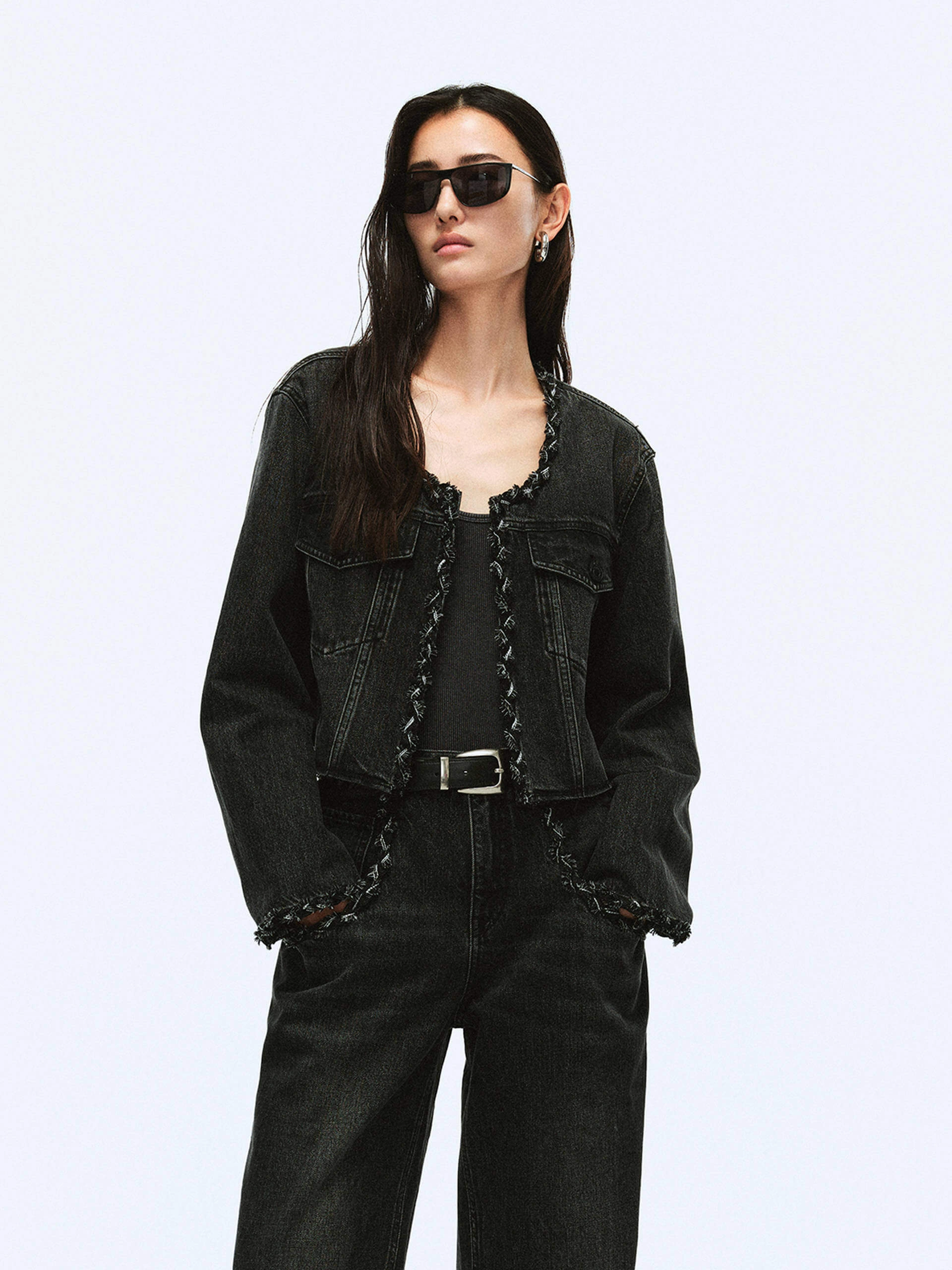 Layer Essential Piece SeamlessShoulderPanels Cropped Collarless Denim Jacket