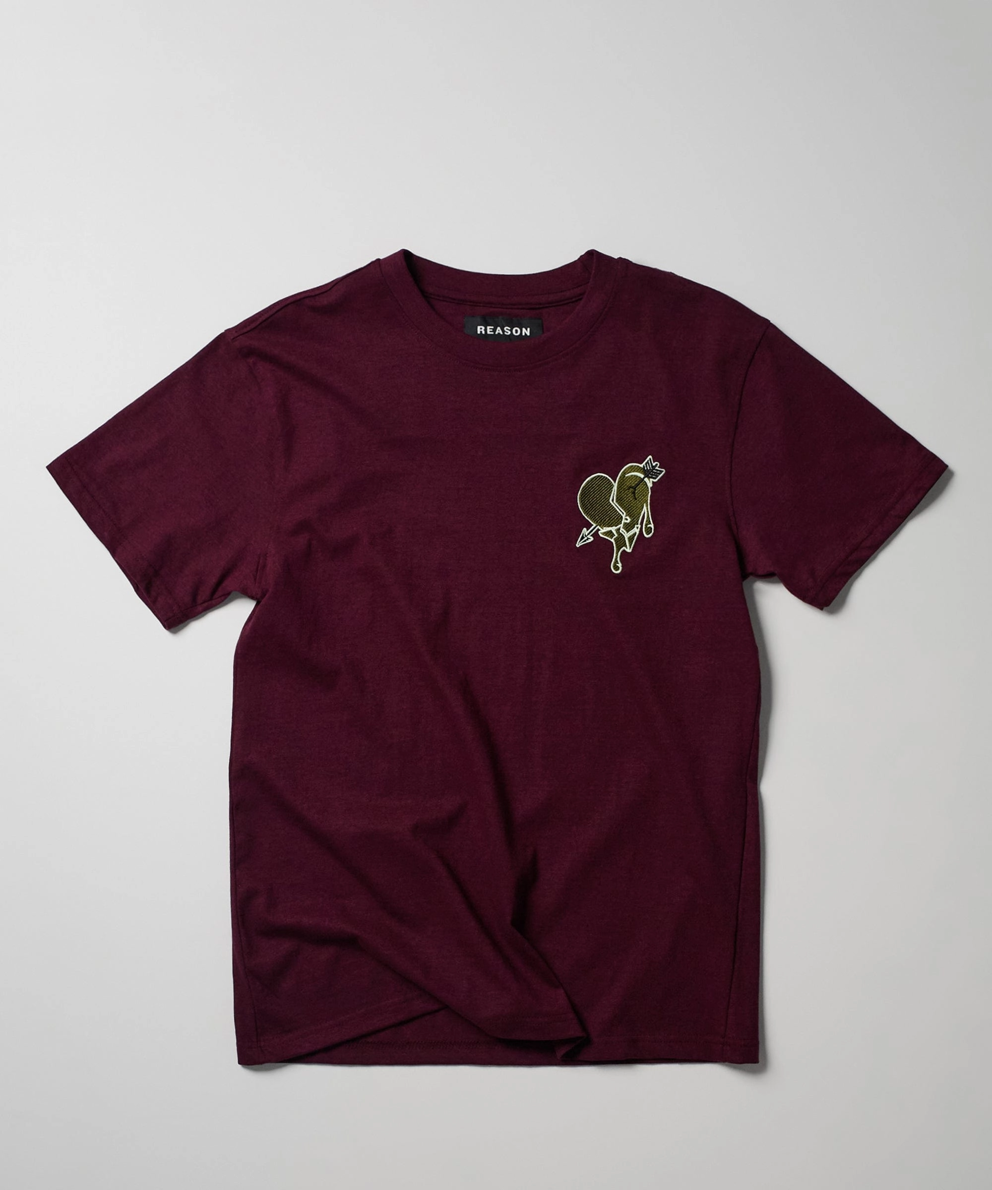Contrast Stitching AllDayComfortFit Heartless Embroidered Short Sleeve Tee - Burgundy