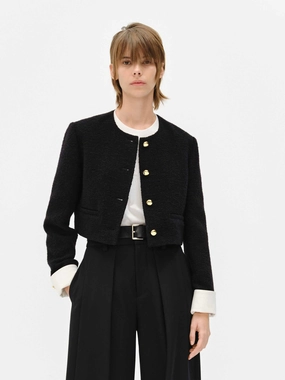 Convertible Collar Design Bonded seams Cropped Tweed Coat