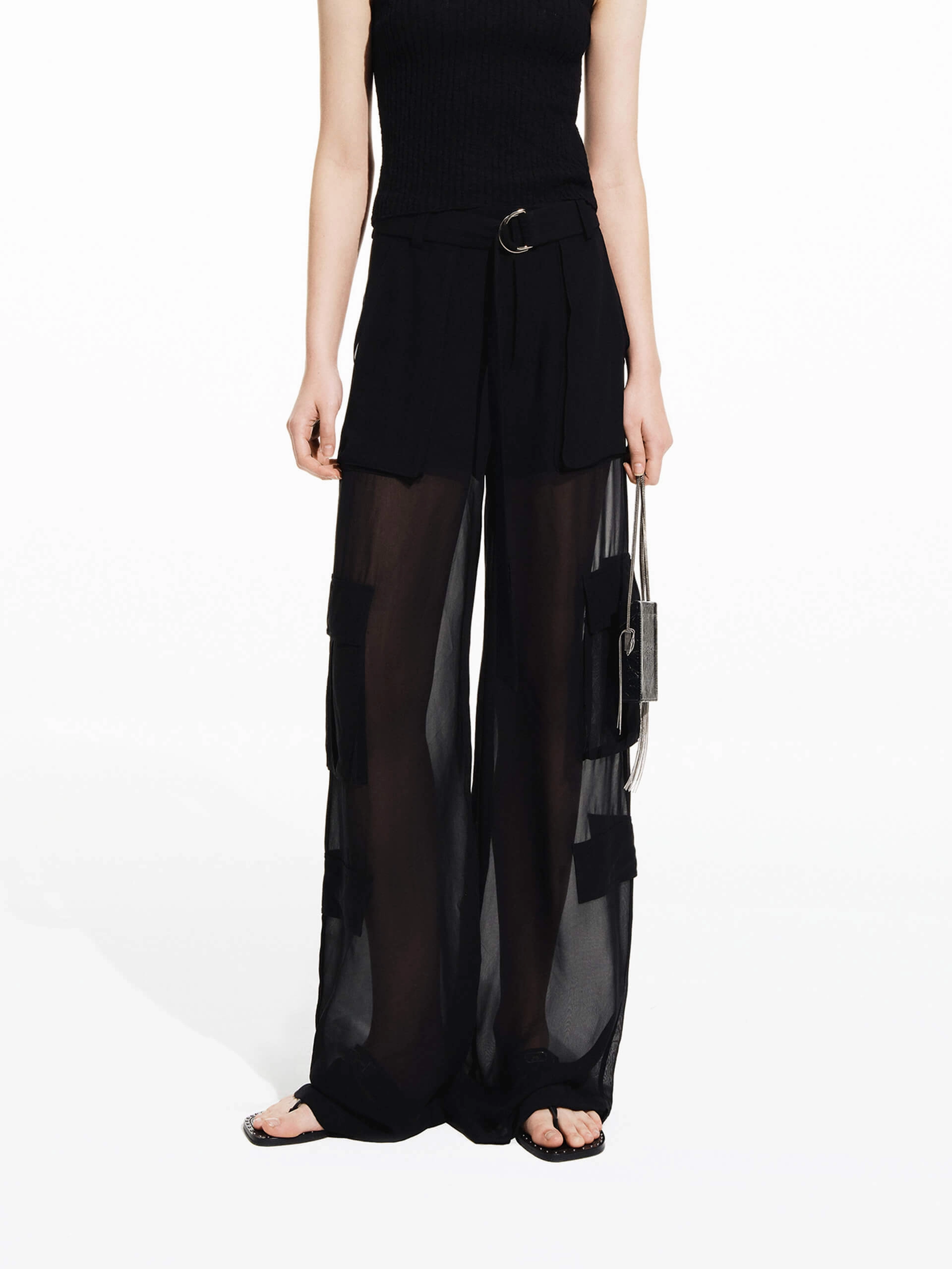 Silk Blend Mesh Pants Flat waistband