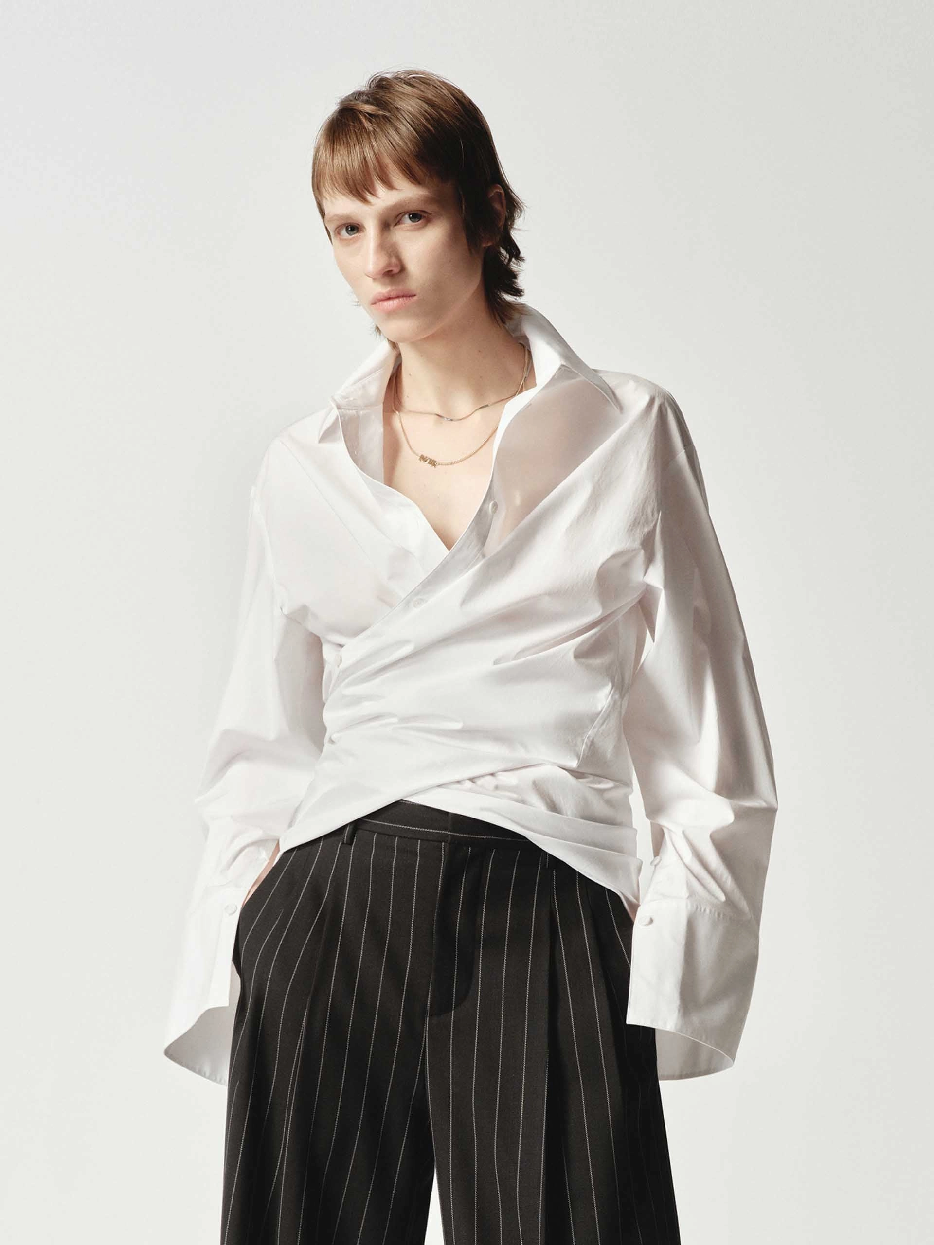 Elasticated Trim Tubular Body Construction V-neck Cross Front Shirt
