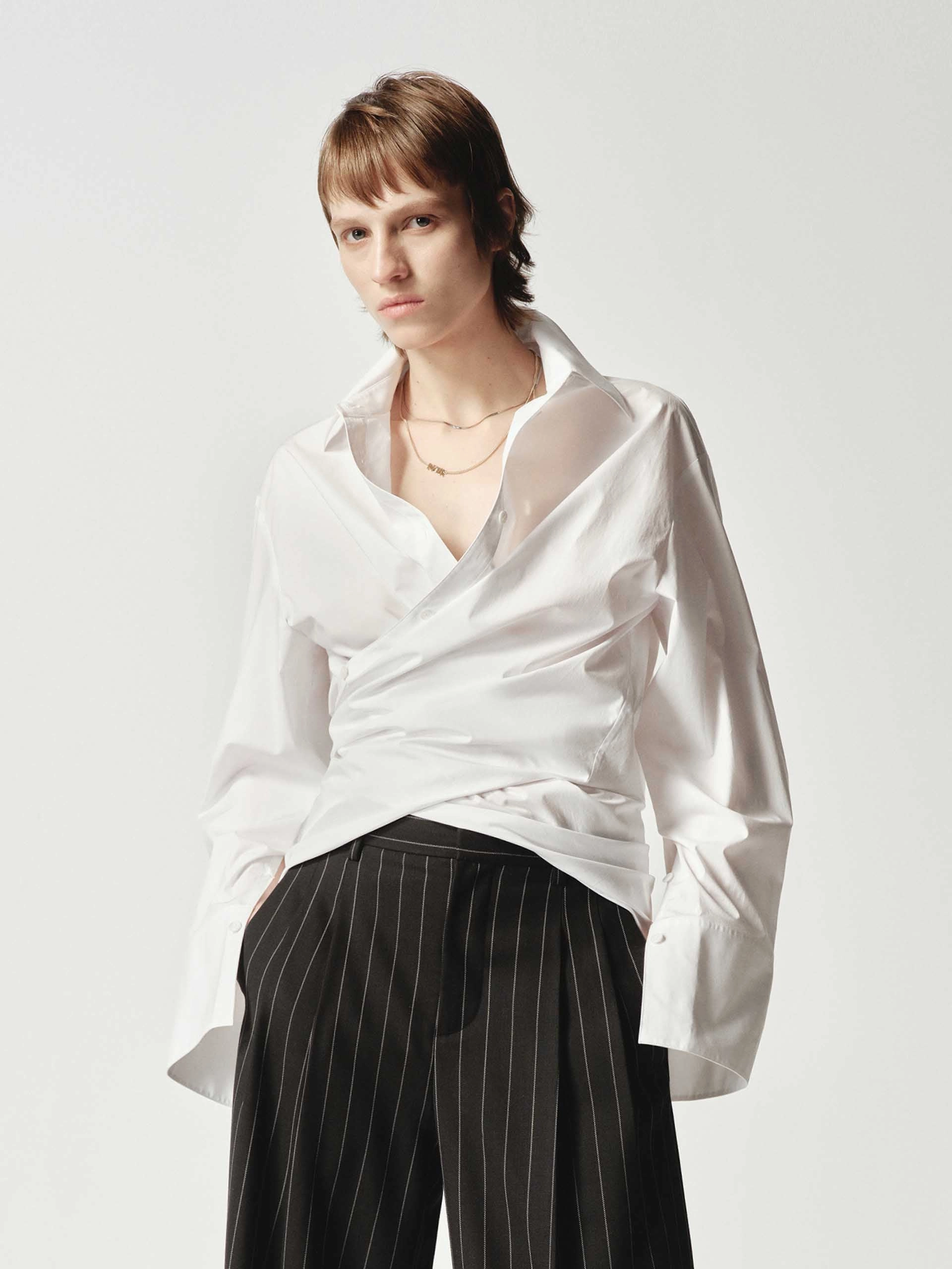 No Iron Fabric V-neck Cross Front Shirt