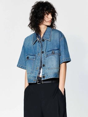 Flexible Knit Blend Cropped Pockets Denim Jacket