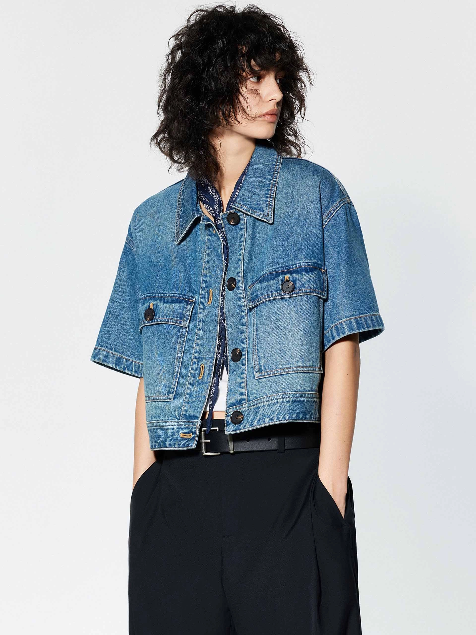 Cropped Pockets Denim Jacket FadeResistant Dye WeightedHem