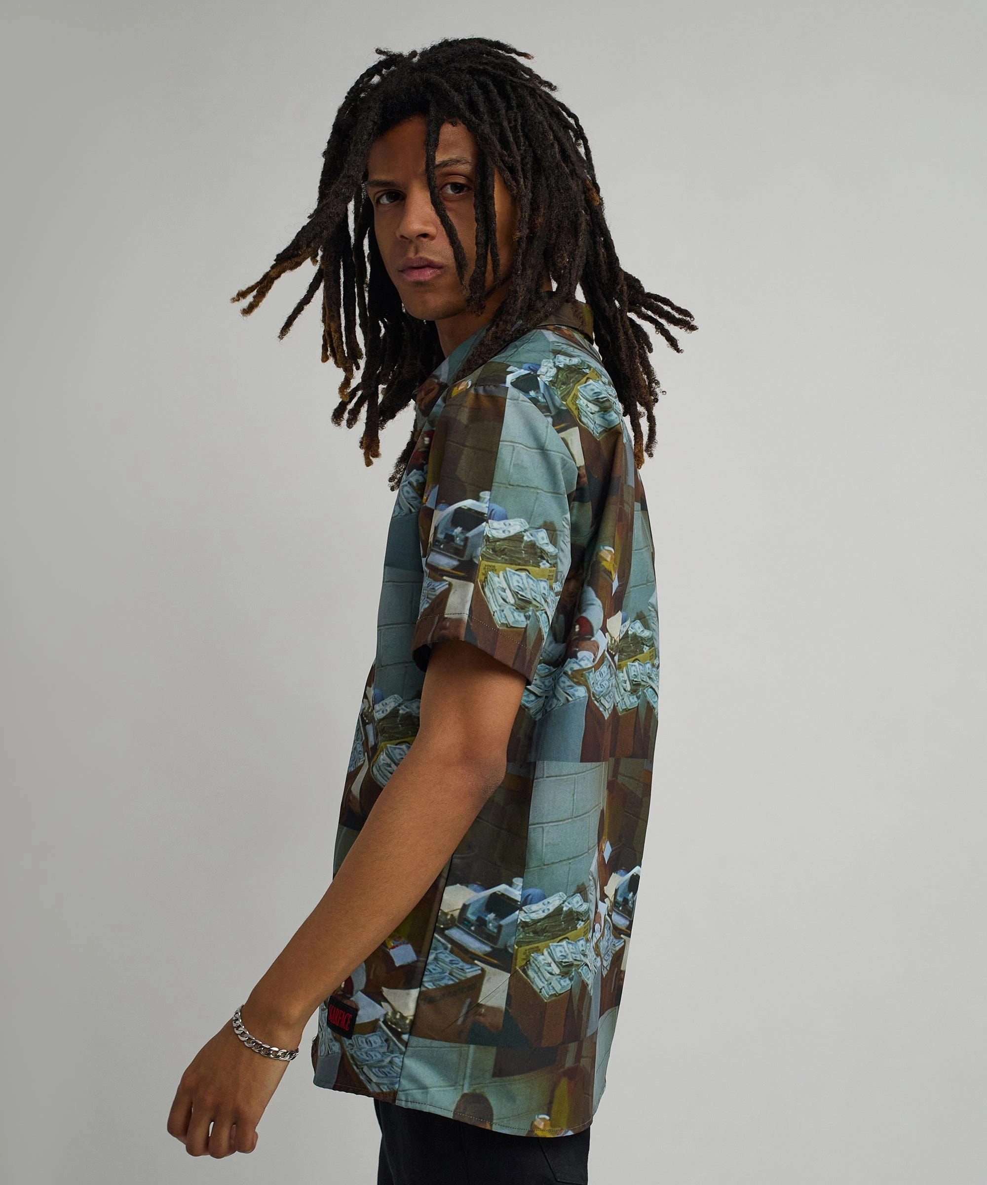 Stretch Knit Fabric Scarface Money Woven Short Sleeve Shirt