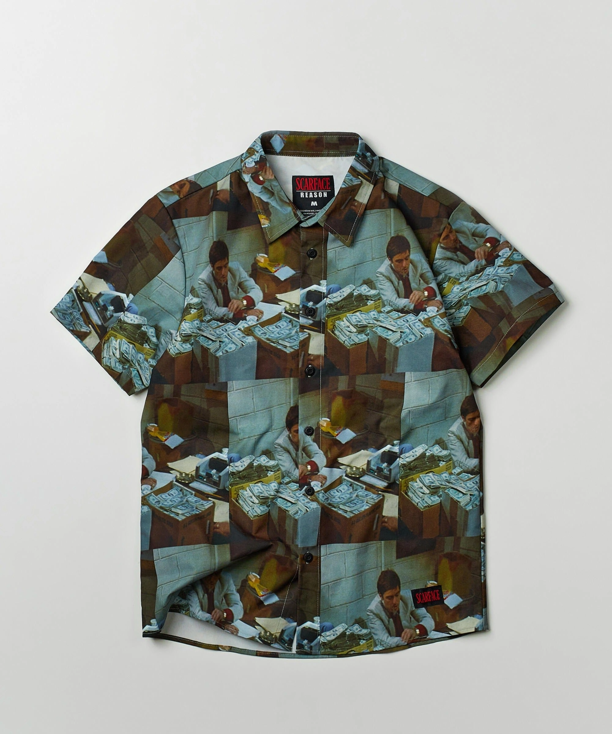 Wrinkle Resistant Texture MultiFunctionalDesign Scarface Money Woven Short Sleeve Shirt