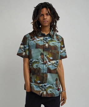 TemperatureRegulating Material HiddenZipper Scarface Money Woven Short Sleeve Shirt