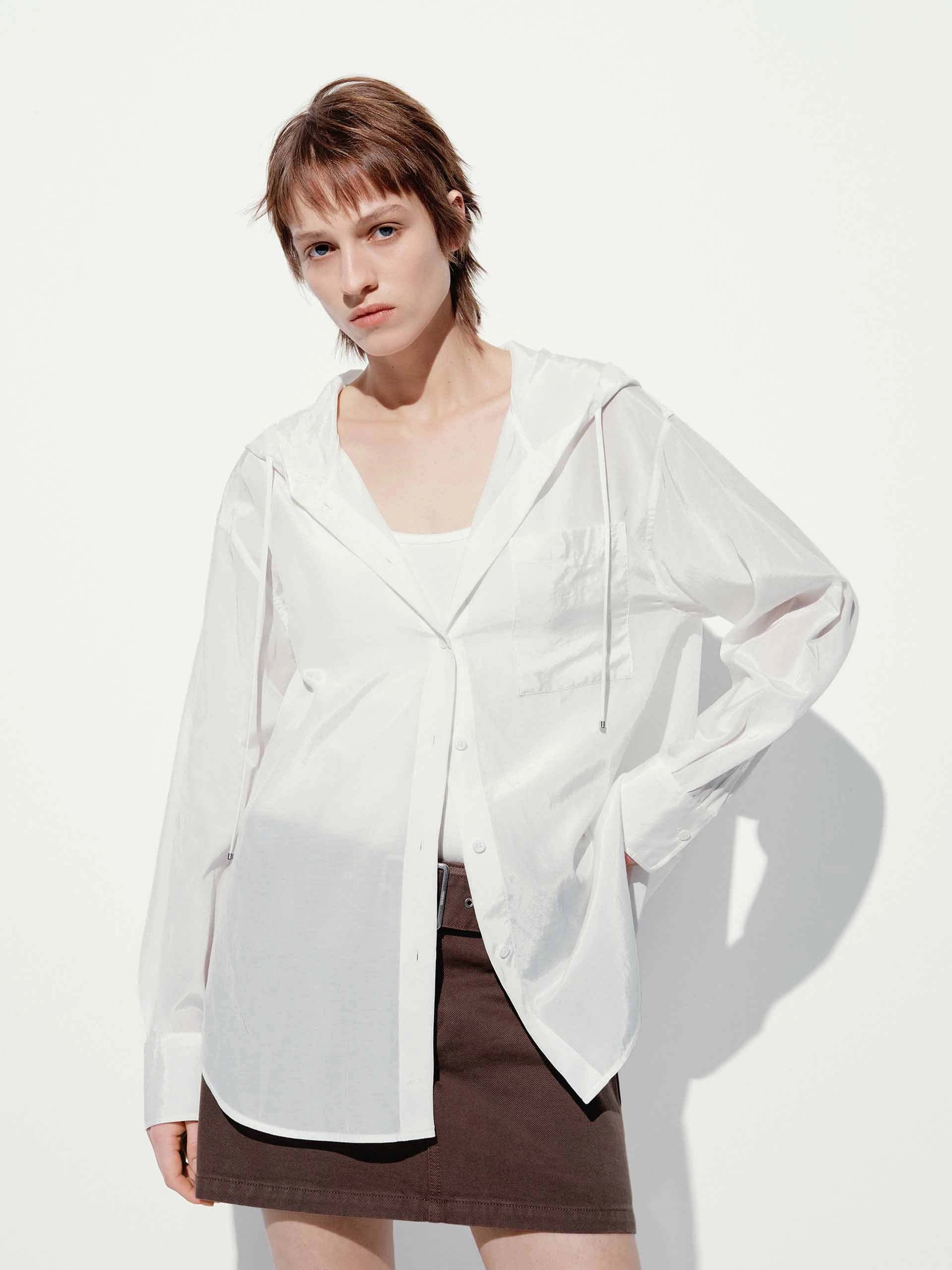 Sheer Drawstring Hood Shirt NoRoll Hem Technology