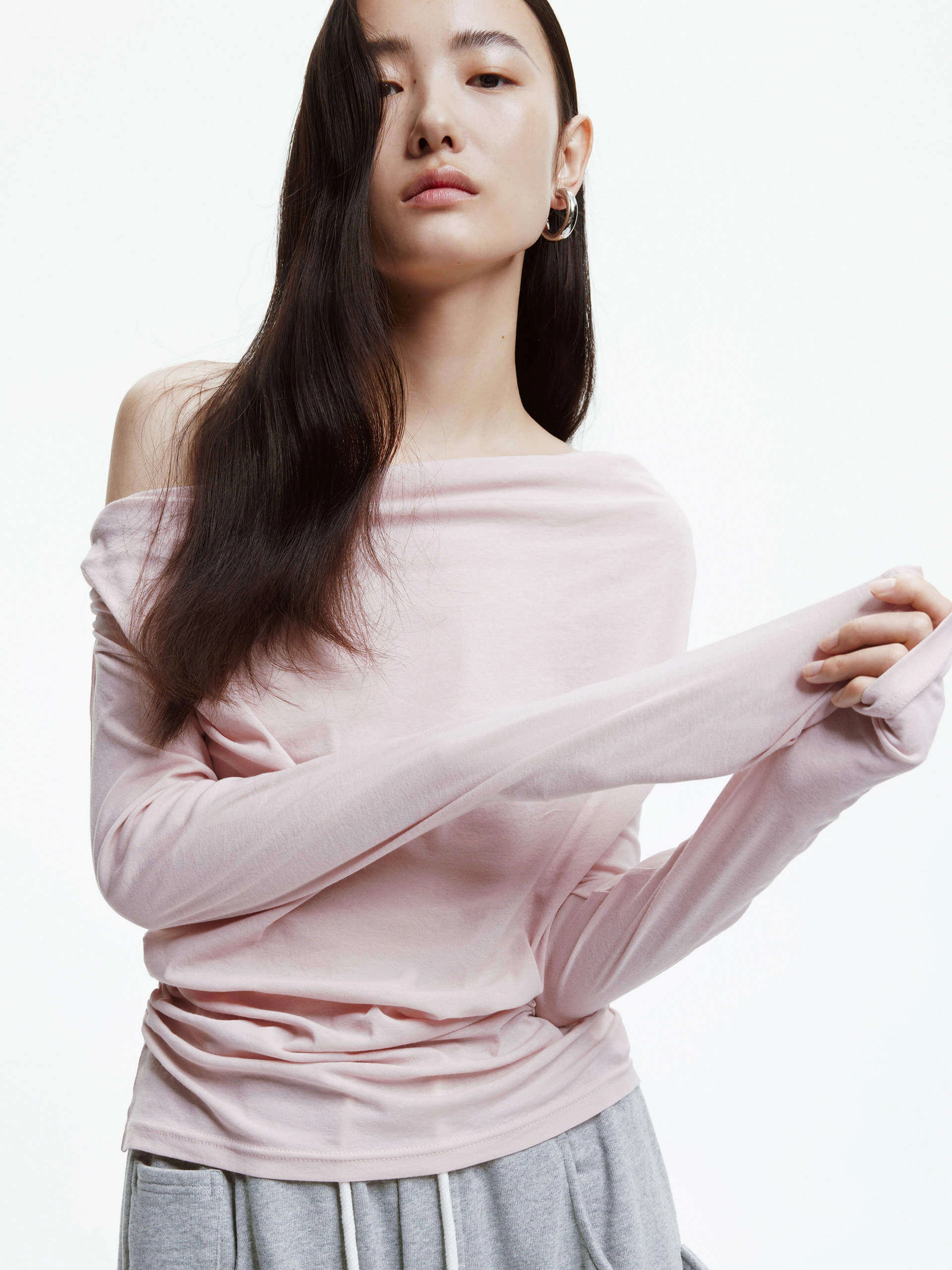 Cotton Off Shoulder Top UltraFineMesh Wrinkle Resistant Texture