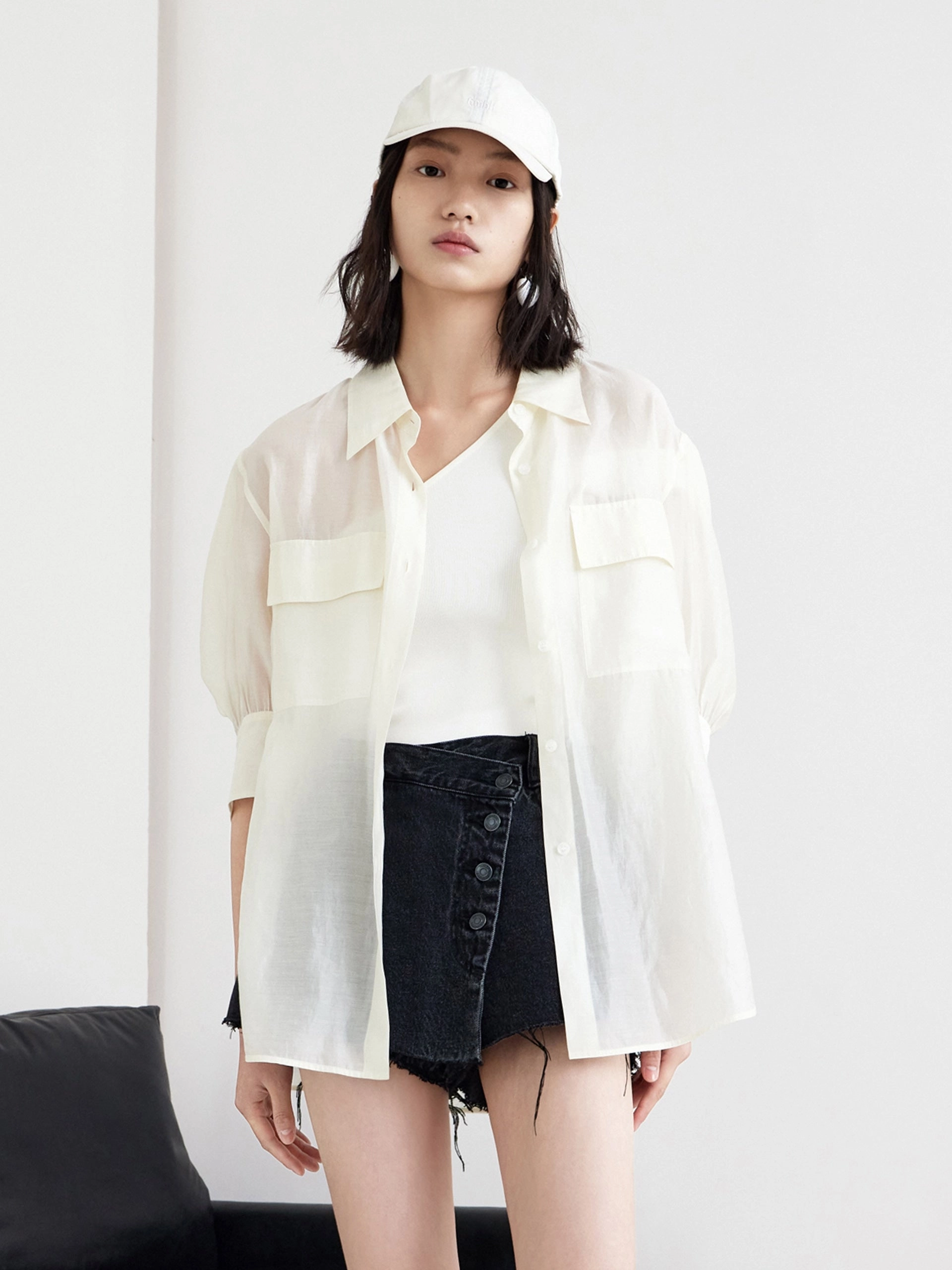 Garment Washed Softness Puff Sleeve Pocket Shirt