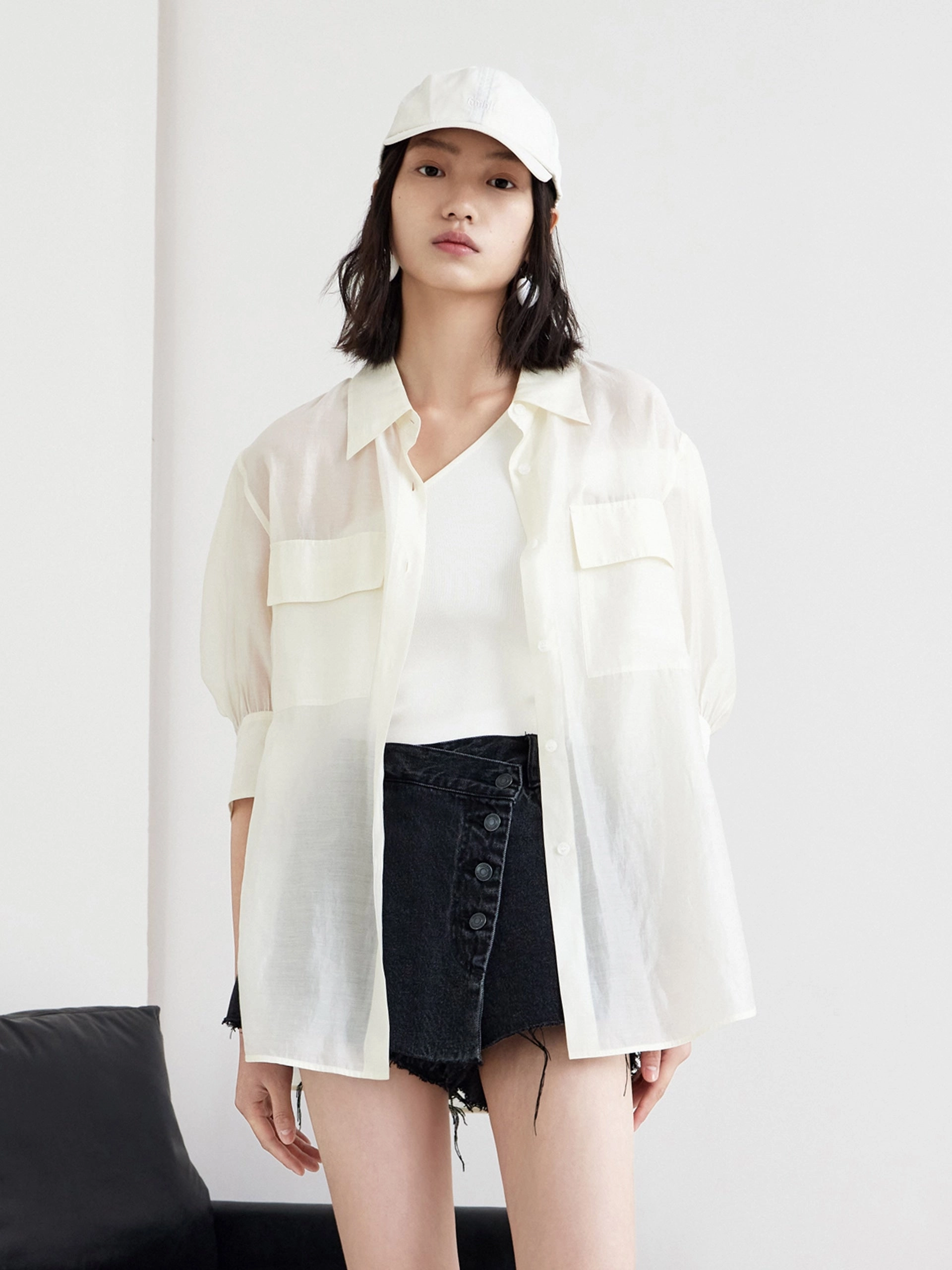Puff Sleeve Pocket Shirt Hydrophobic Threadwork