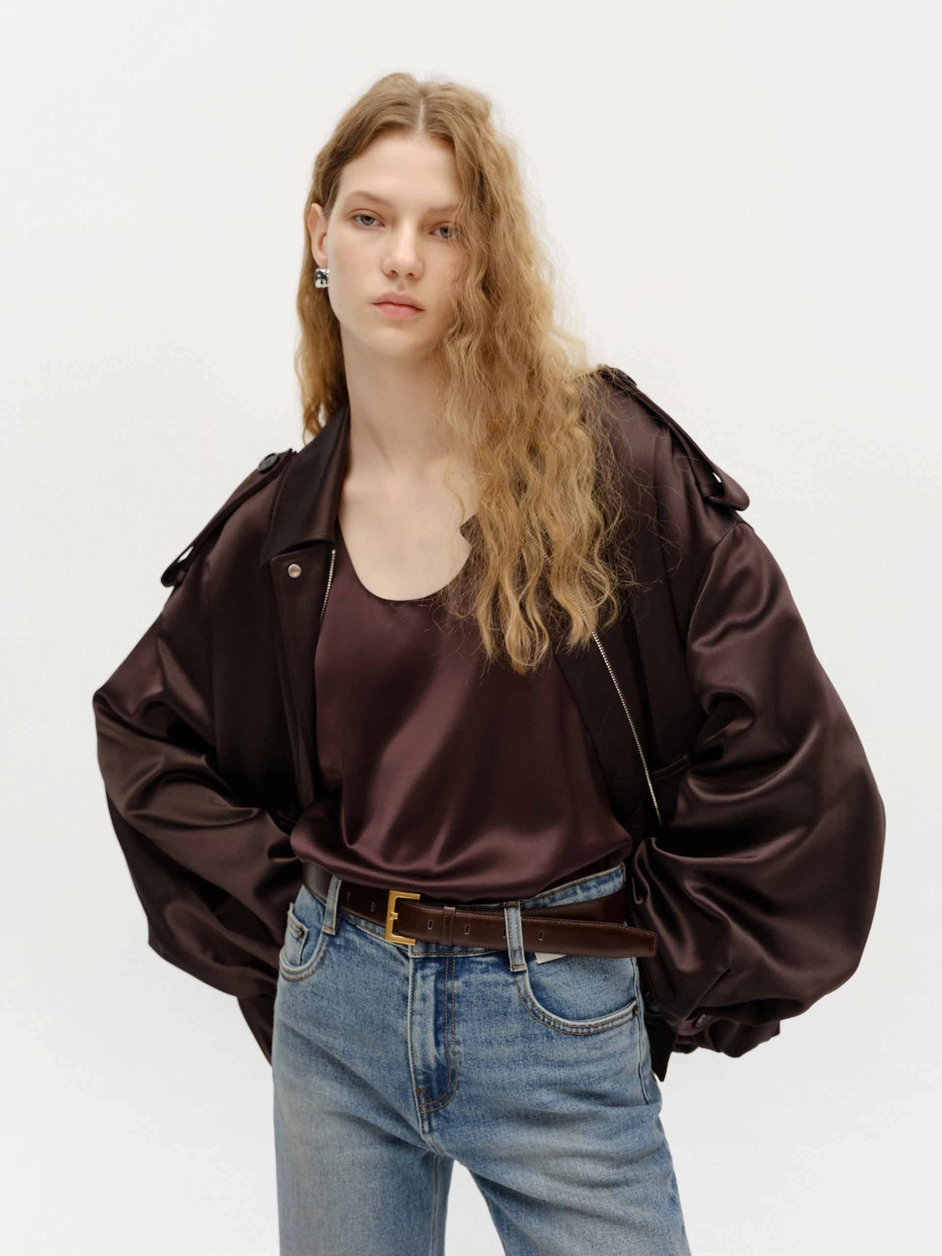 Zip Closure Satin Jacket Sleek Comfort
