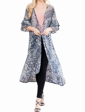 Warm Knit Leopard Long Cardigan In Navy