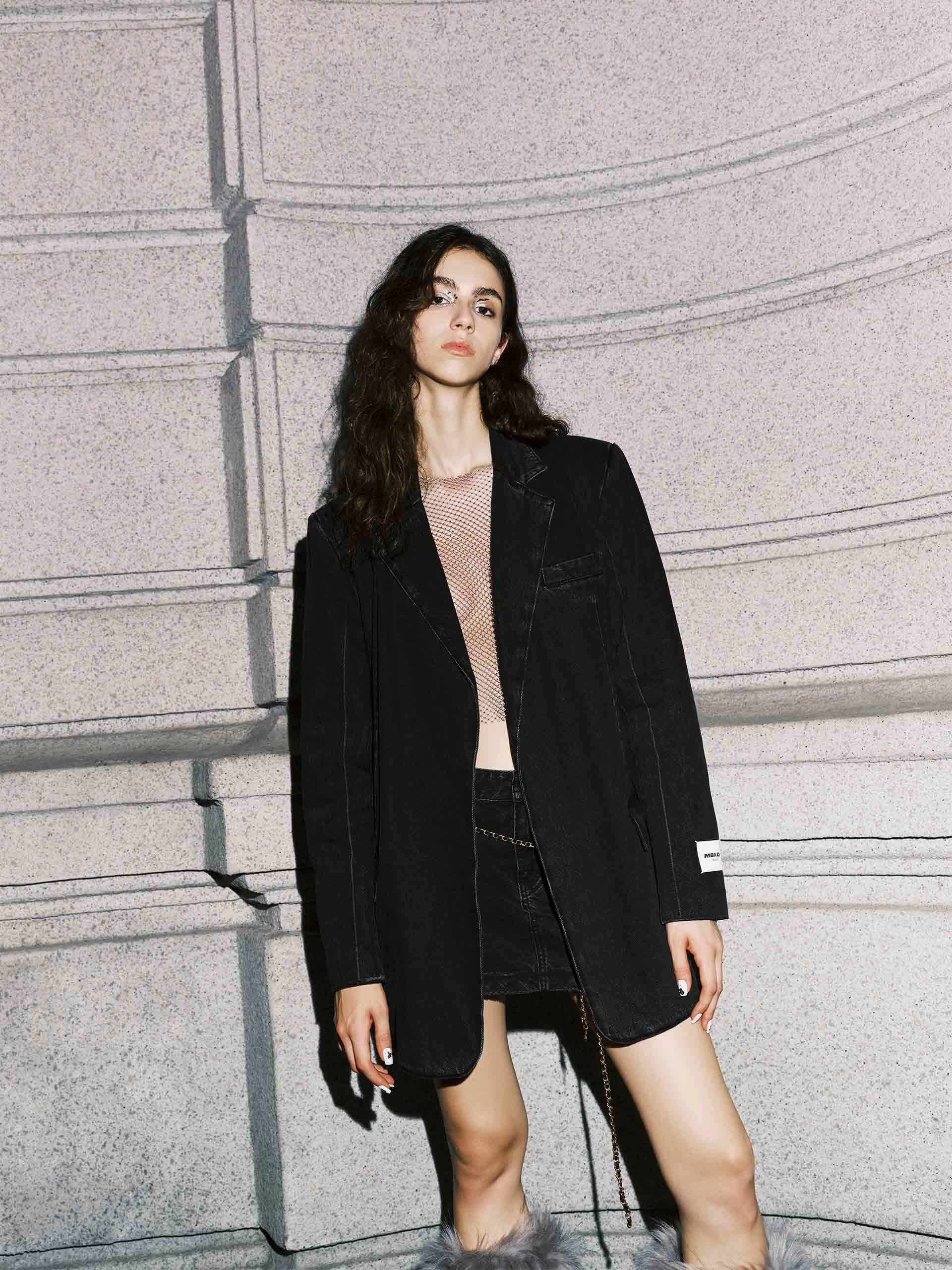 AdjustableDrawstring Thermoregulating Lining Tailored Denim Blazer