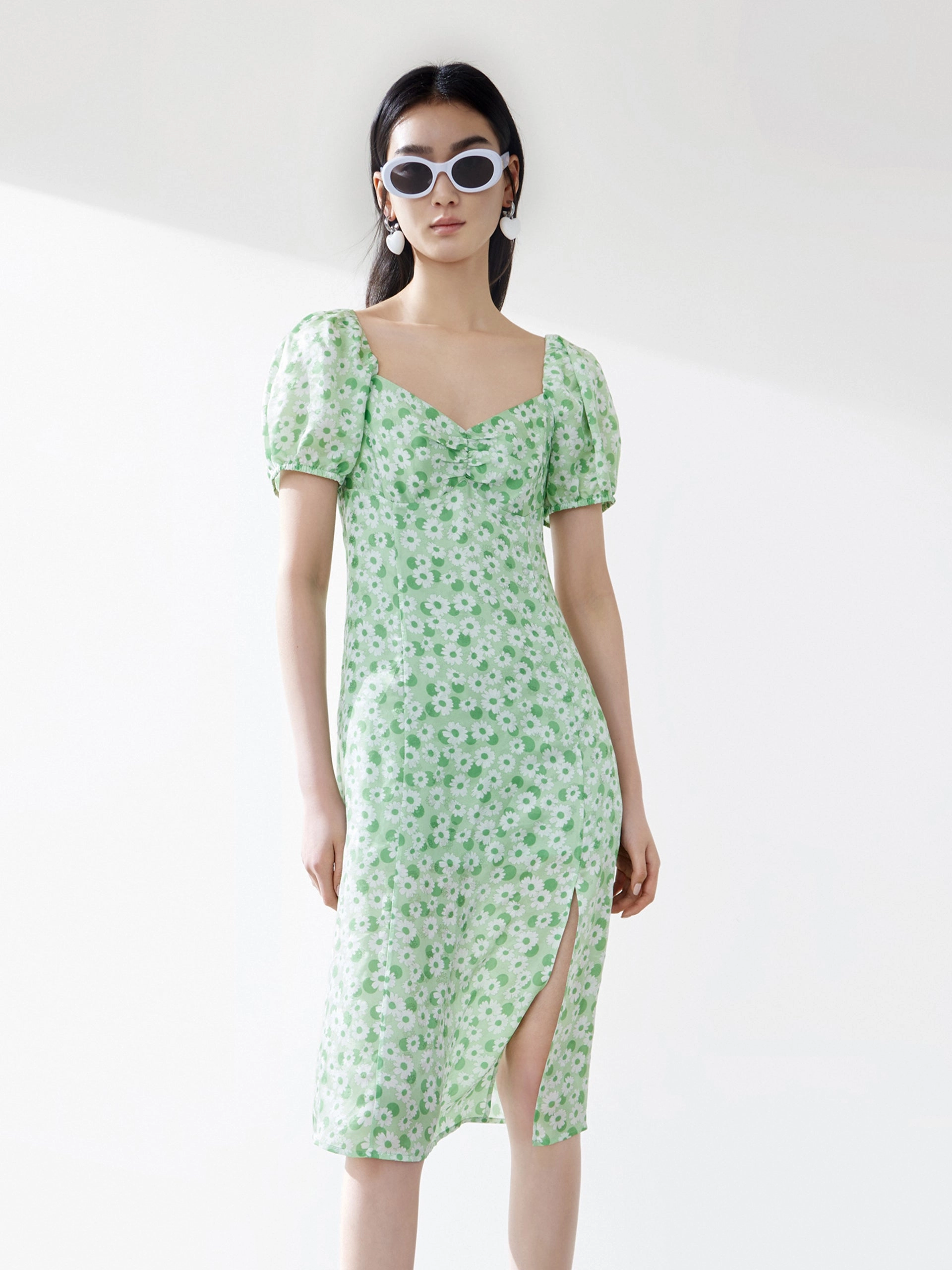 Daisy Print Slit Silk Dress Natural Aesthetic Mood Look