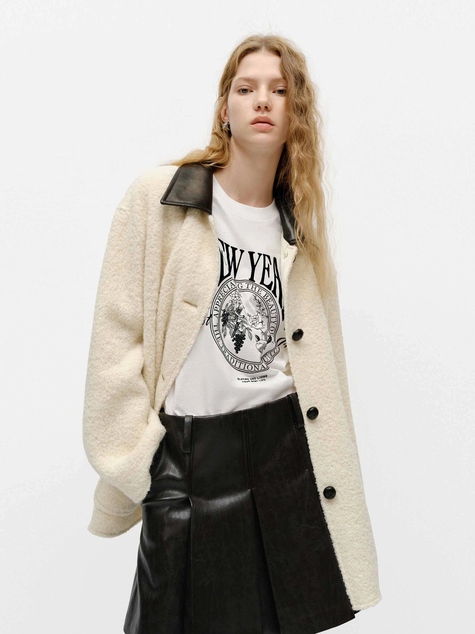 Sleek Layers Leather Collar Midi Coat