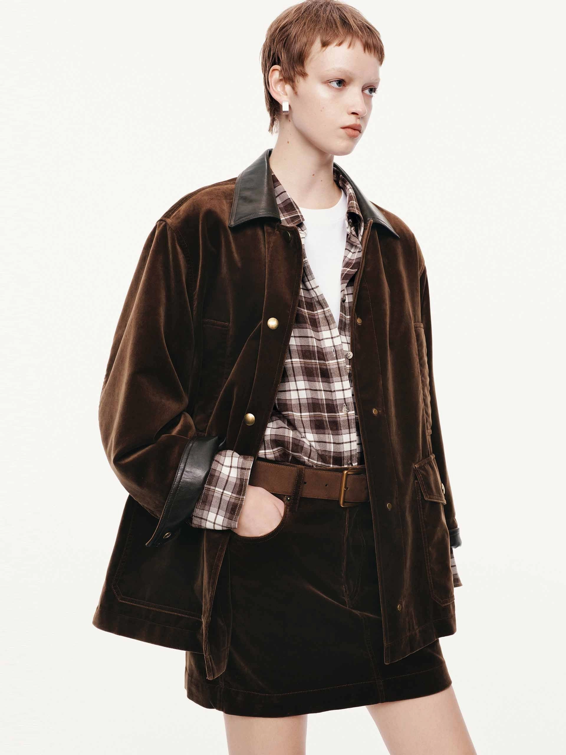 Day Hike Style Leather Collar Velvet Coat