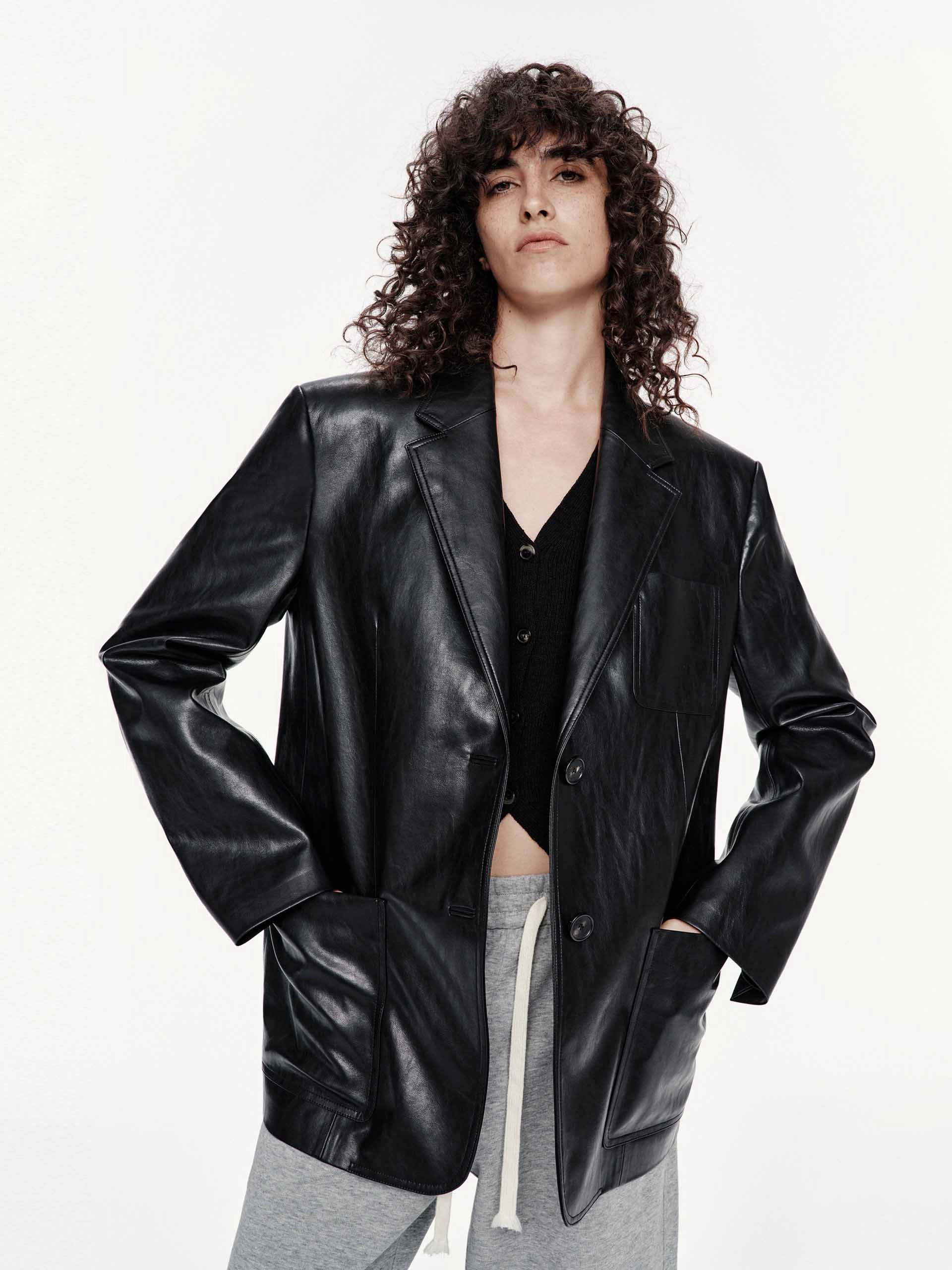 Waist String Reused Cloth Leather Structured Blazer