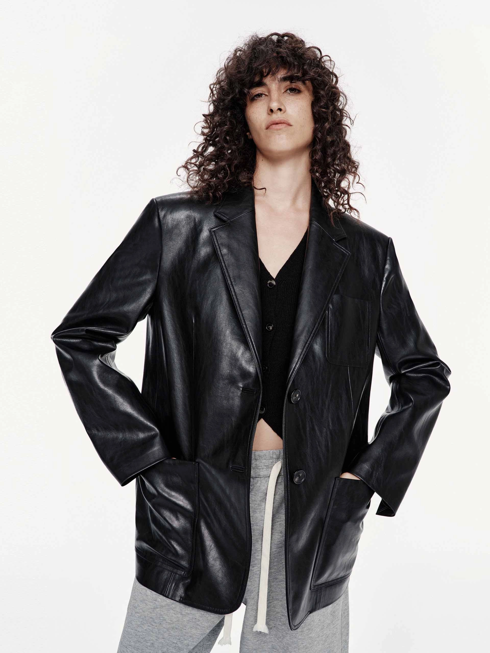 Leather Structured Blazer Tapered Hem High End Look