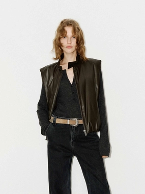 Removable Hood NonIrritatingSeams Leather Zip Down Vest