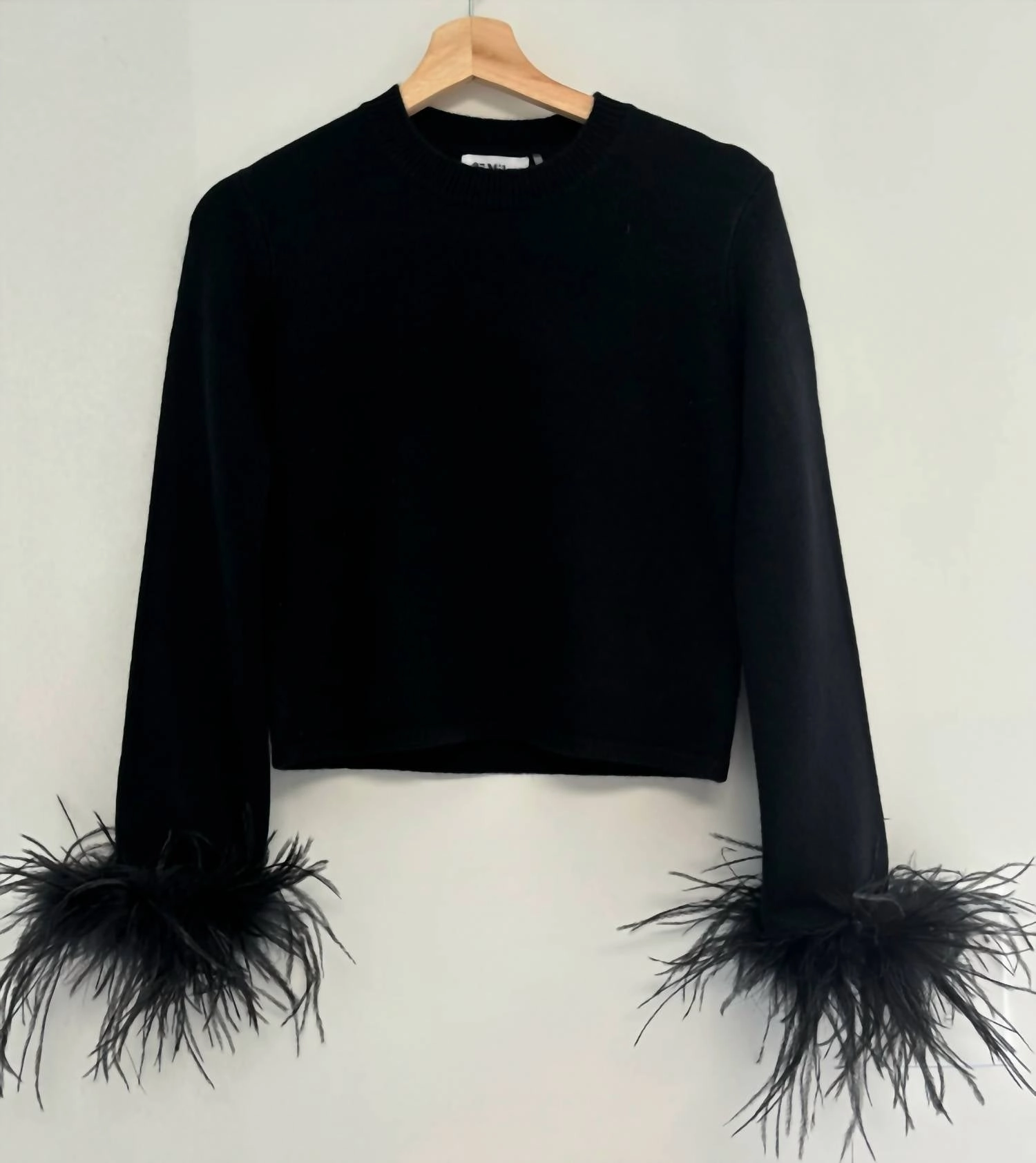 Lenora Top With Feather Cuffs In Black Versatile Layering Piece Knitted Warmth