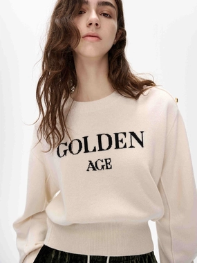 Letter Print Wool Sweater VentilatedMesh Convertible Neckline