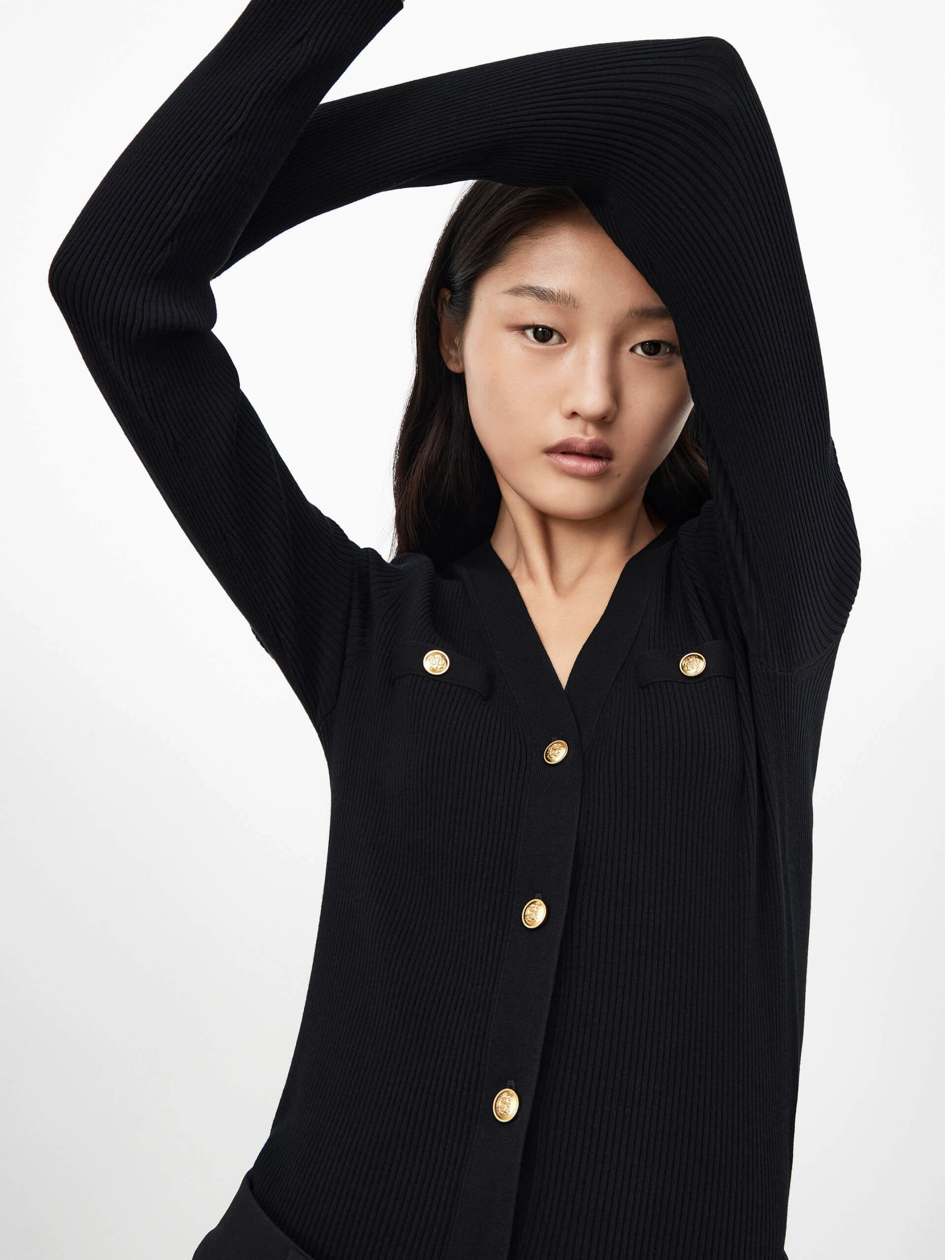 CarbonNeutral Production ButtonFront V Neck Rib Knit Cardigan