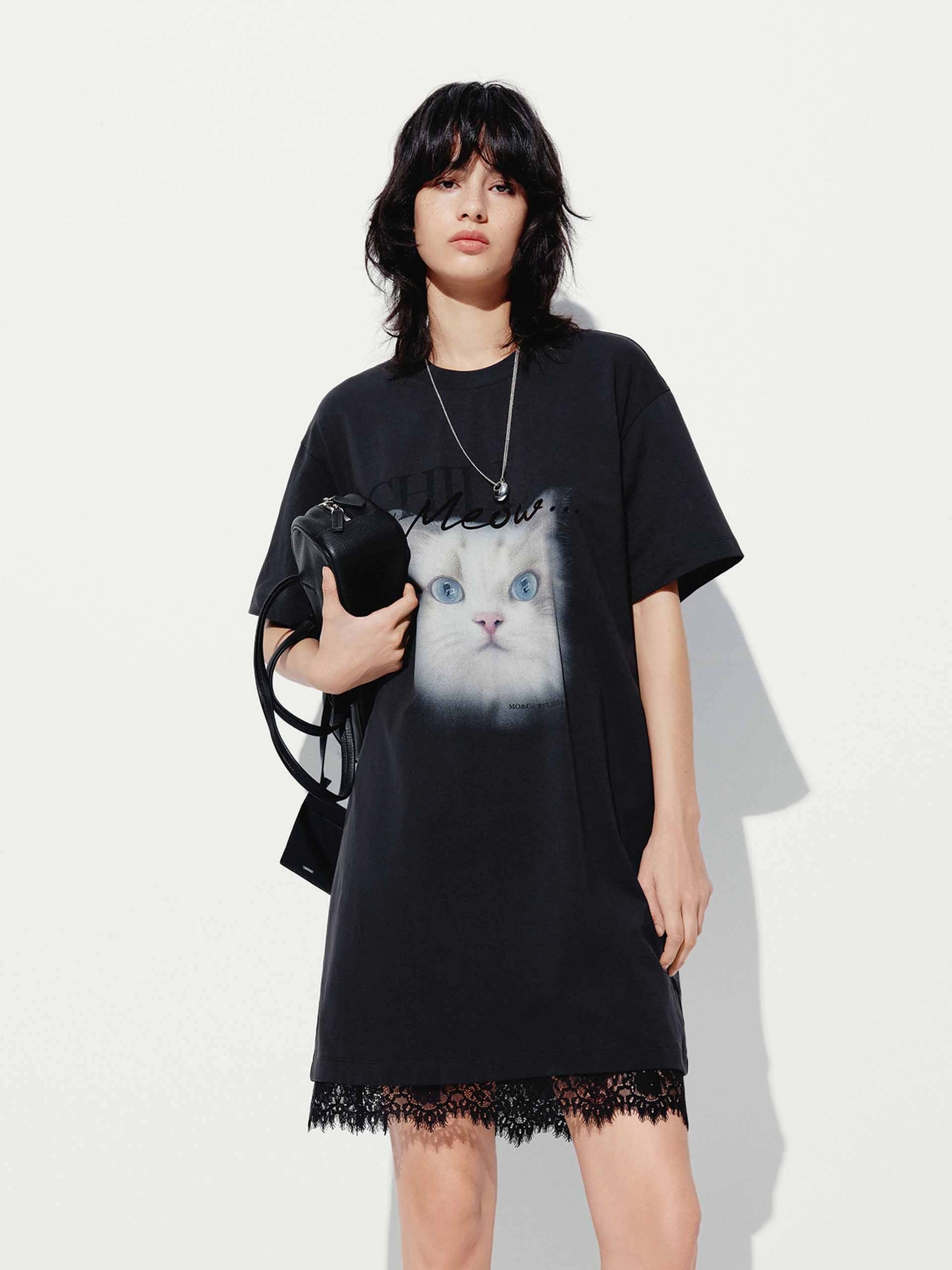 Front Cat T-shirt Dress Chic Energy